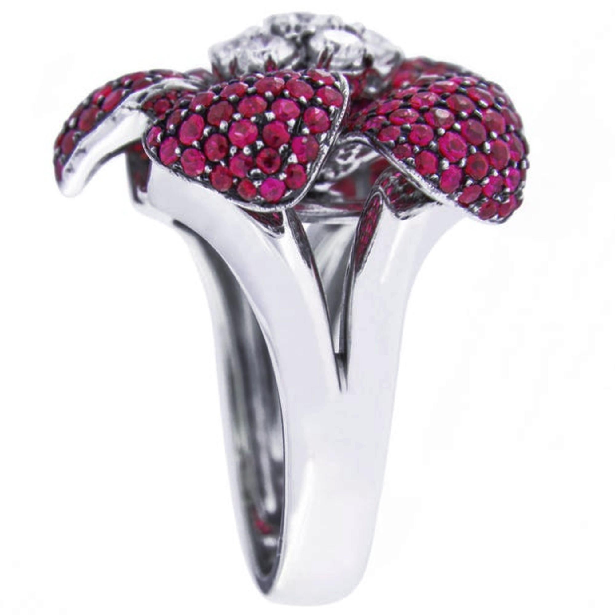 Women's Alex Jona Ruby White Diamond 18 Karat White Gold Flower Cocktail Ring For Sale