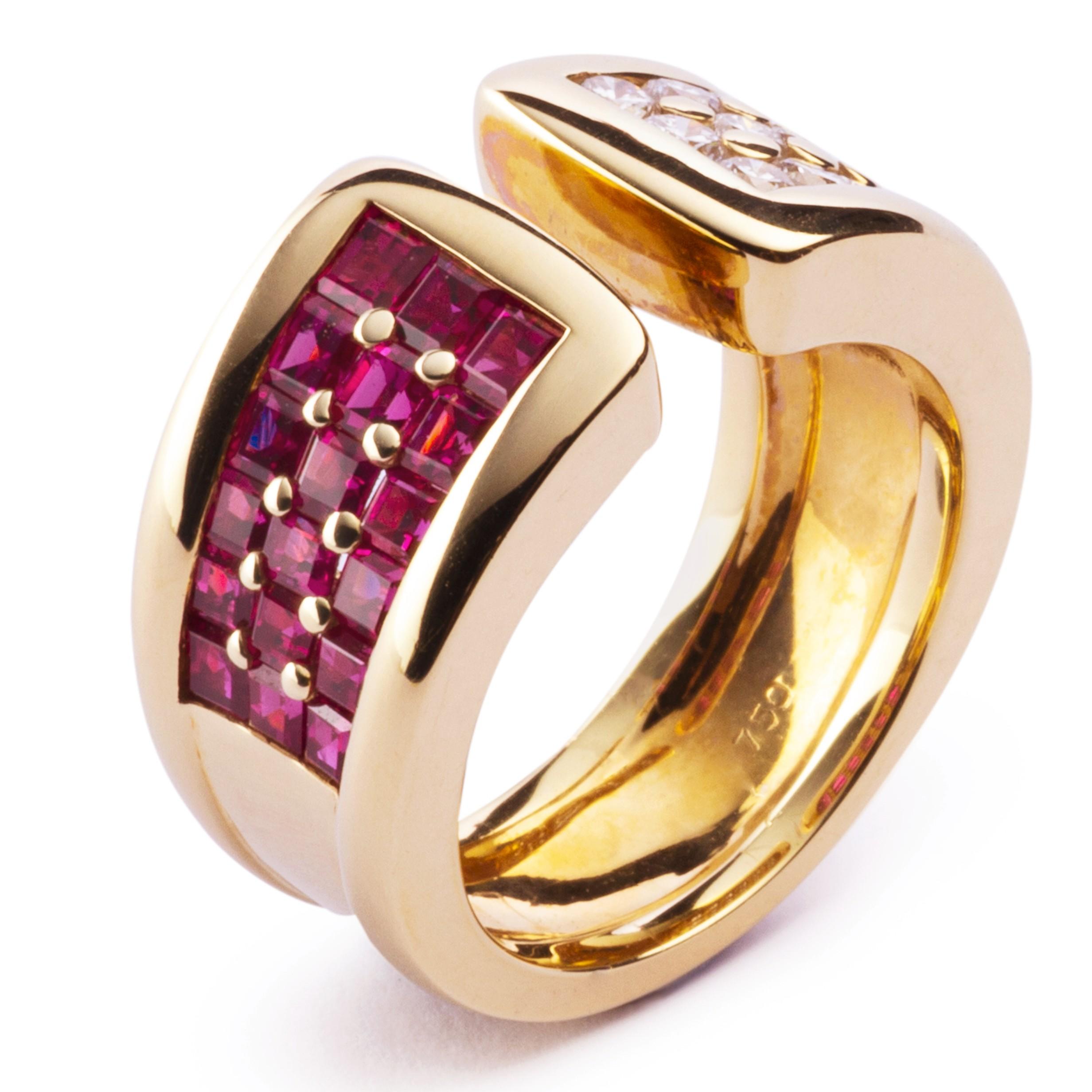 Alex Jona Ruby White Diamond 18 Karat Yellow Gold Band Ring In New Condition For Sale In Torino, IT