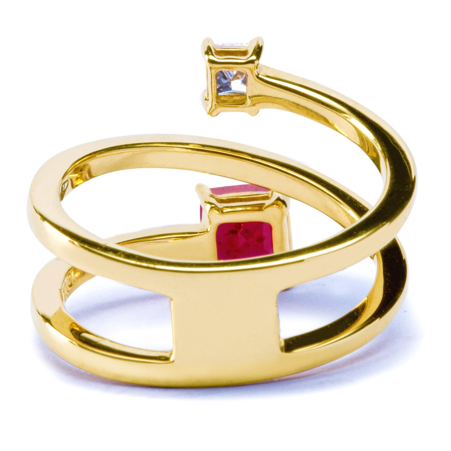 Alex Jona Ruby White Diamond 18 Karat Yellow Gold Crossover Ring Band For Sale 1