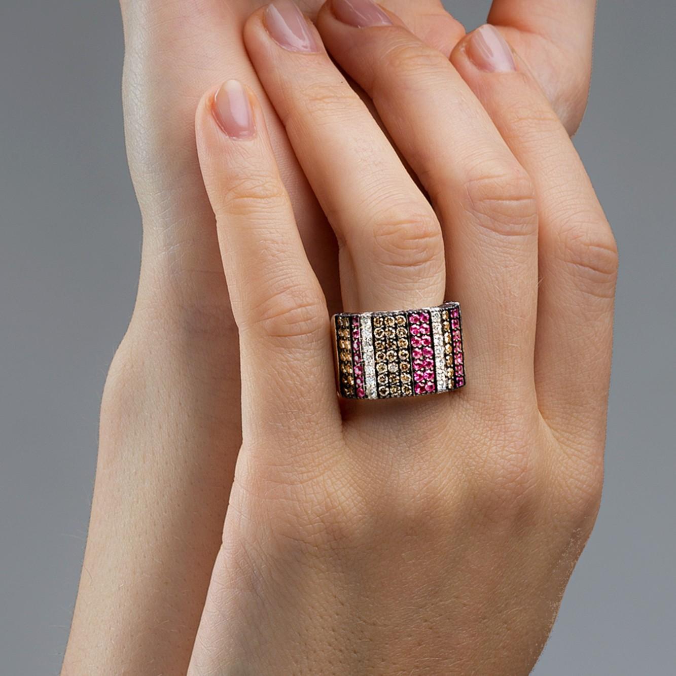 Alex Jona Sapphire White and Brown Diamond Wide Pavé 18 Karat Gold Ring Band In New Condition For Sale In Lugano, CH