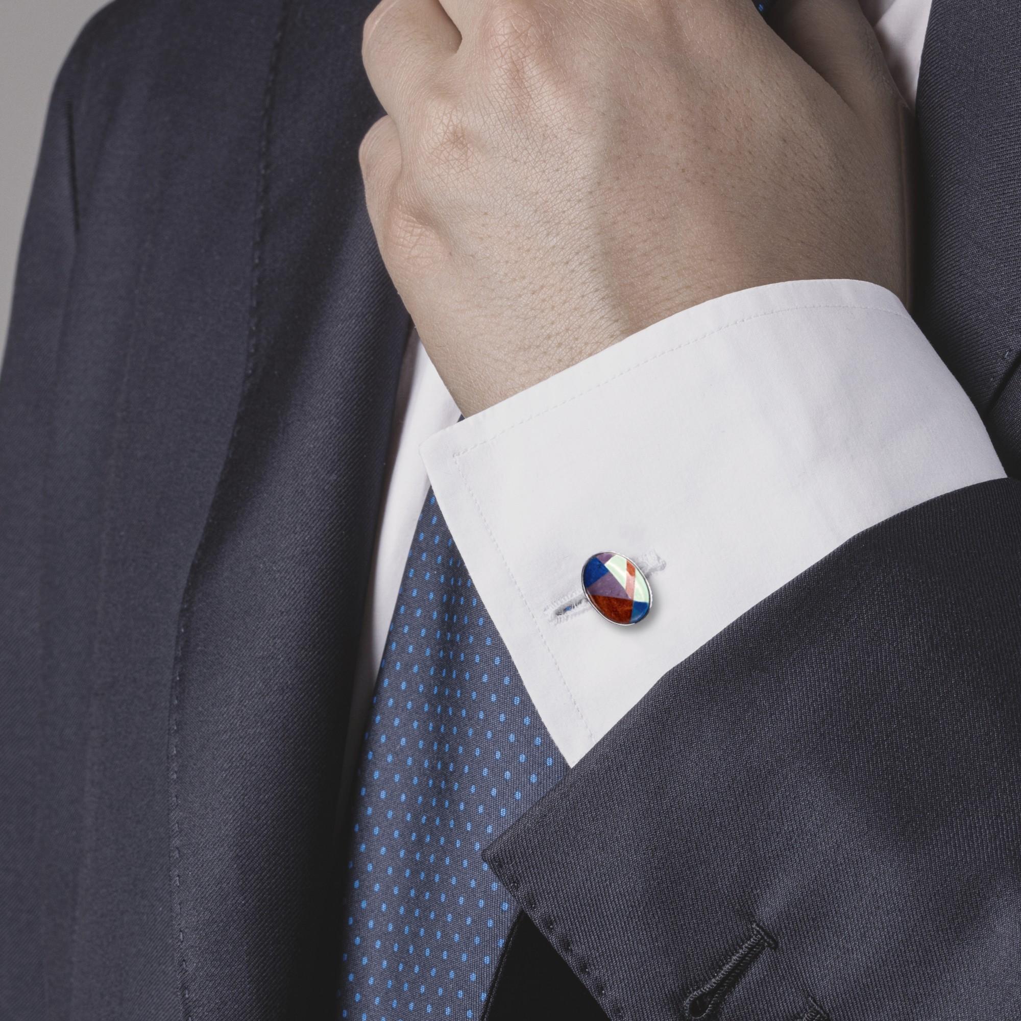 Alex Jona Design Kollektion, handgefertigt in Italien, Manschettenknöpfe aus rhodiniertem Sterlingsilber mit mehreren Halbedelsteinen. 
Die Manschettenknöpfe von Alex Jona zeichnen sich nicht nur durch ihr besonderes Design und ihre hervorragende