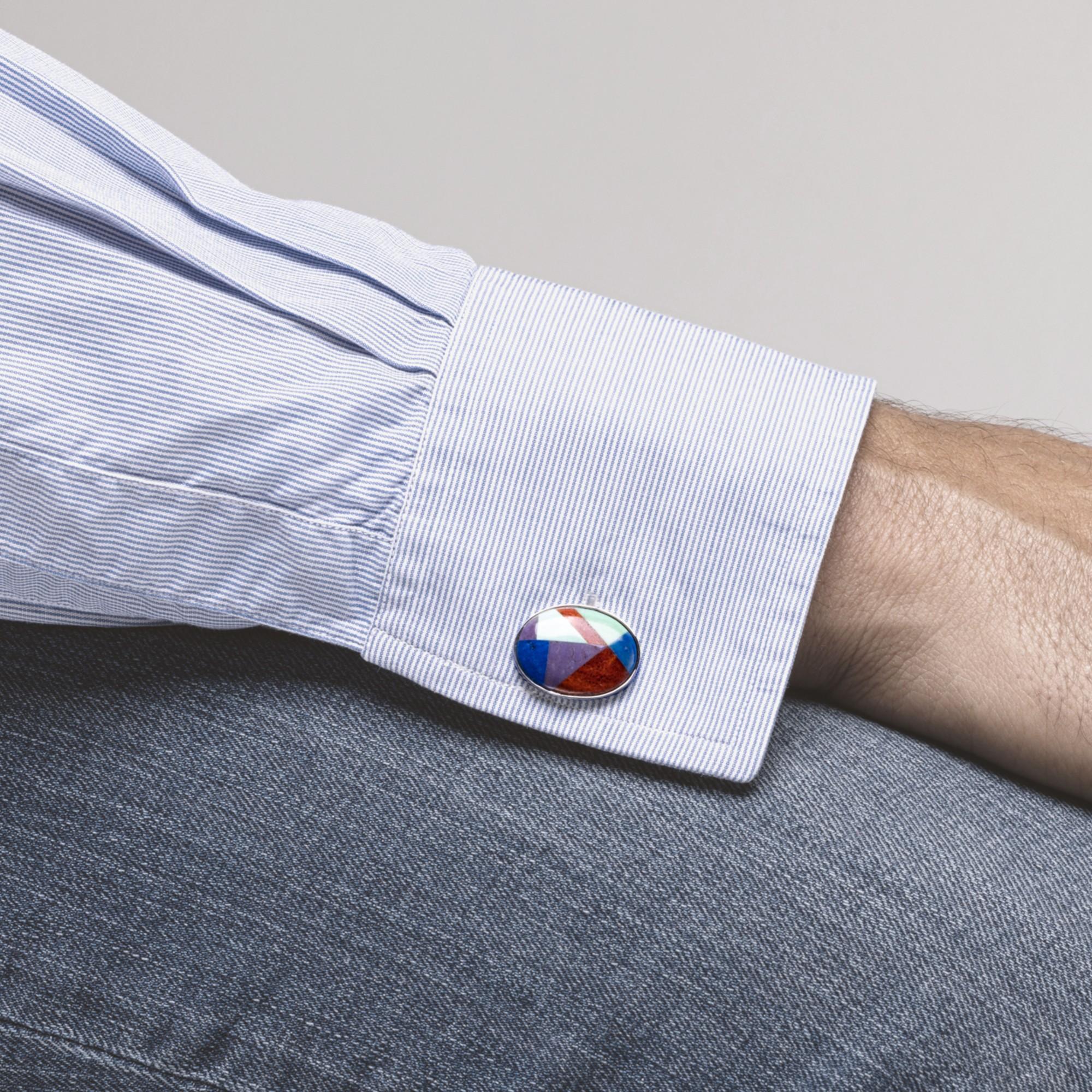 Collection Alex Jona, fait à la main en Italie, argent sterling rhodié, pierres semi-précieuses multiples. Ces boutons de manchette sont dotés d'une fermeture en T, ce qui permet de les utiliser facilement et de s'assurer qu'ils resteront bien fixés