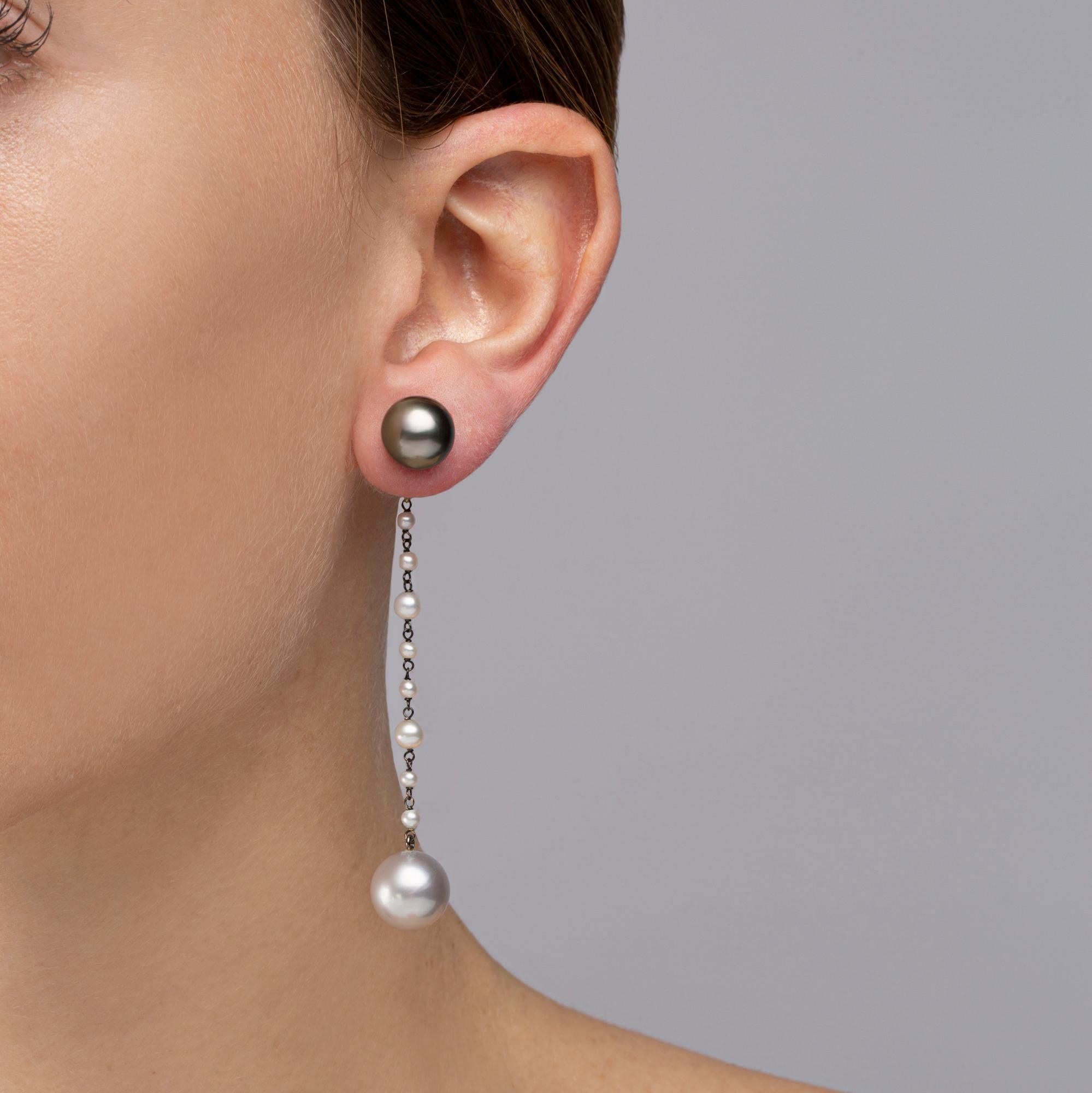 Alex Jona design collection, hand crafted in Italy, 18 karat white gold dangle pearl earrings, showcasing two natural grey Tahiti pearls, two south sea white pearls and smaller white natural pearls.  The grey pearls may be worn separately, as stud