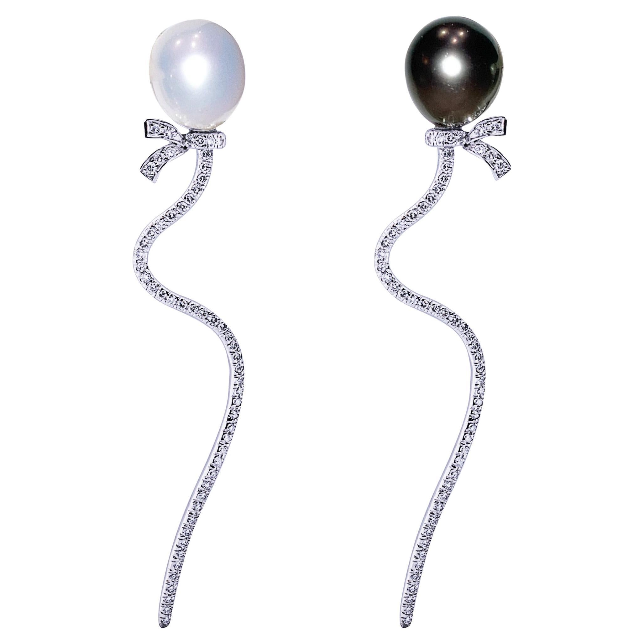 Alex Jona Südseeperle Weißer Diamant 18 Karat Weißgold Ohrringe baumelnd im Angebot