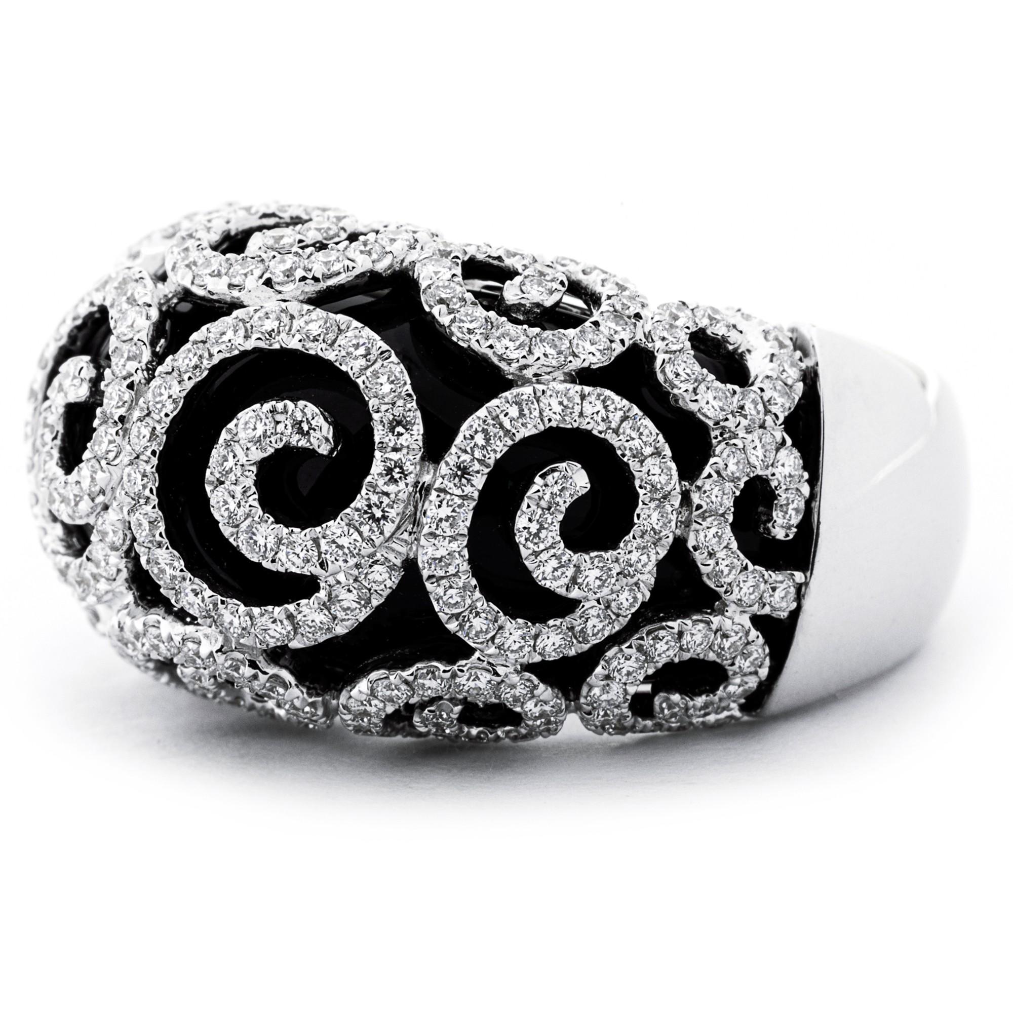 Rose Cut Alex Jona Spiral Black Agate White Diamond 18 Karat White Gold Dome Ring For Sale