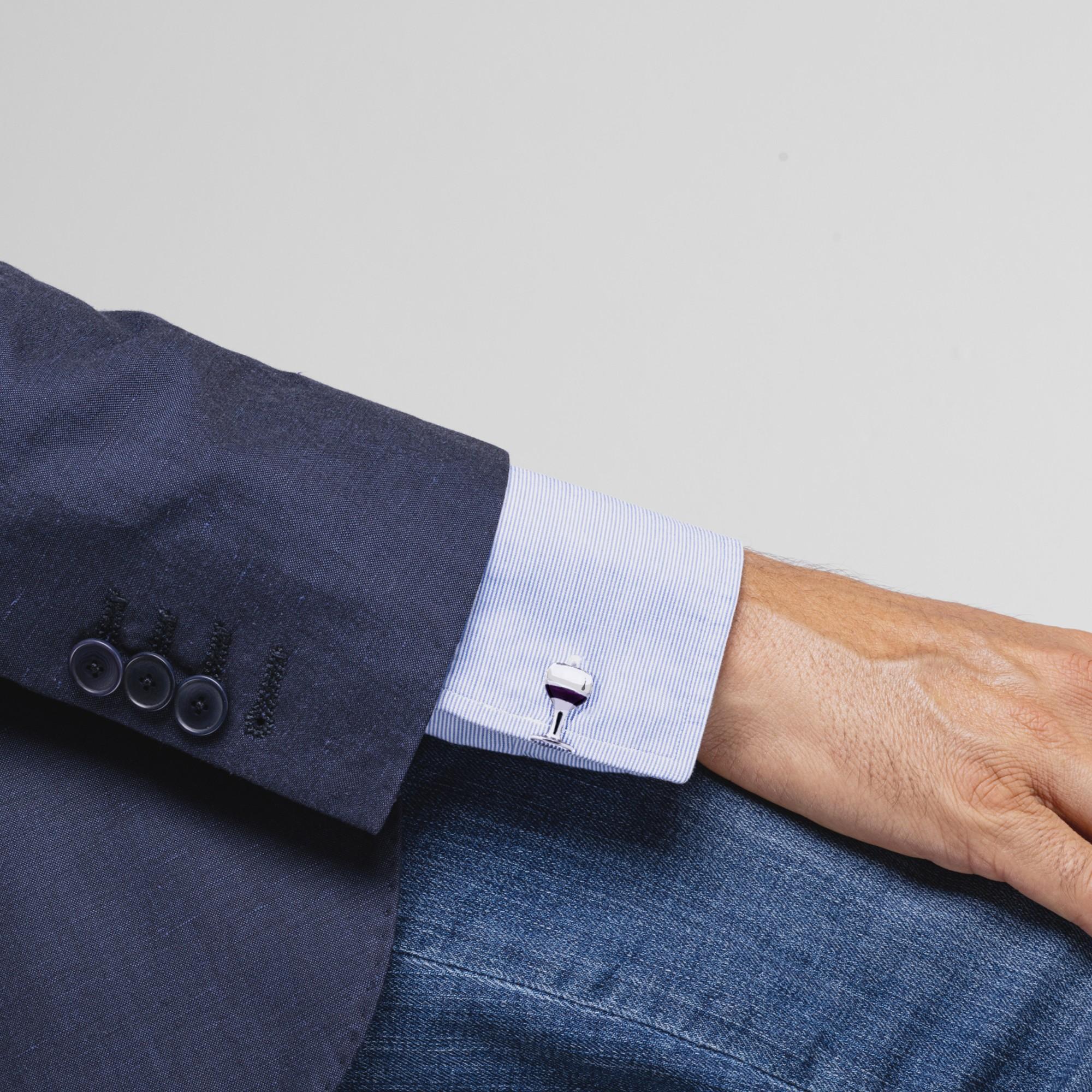 Designed by Alex Jona, hand crafted in Italy in sterling silver with brown fire enamel on the barrel and purple enamel on the glass feature a T-Bar fastening, aiding in easy use and confidence that they'll stay secured to your shirt. 

Alex Jona