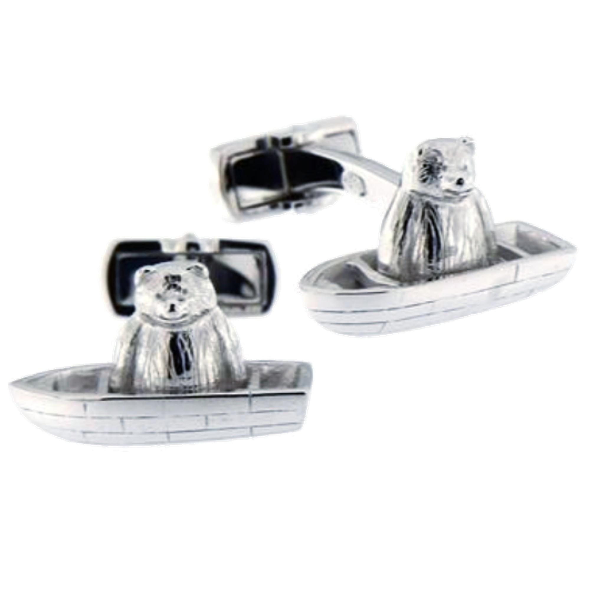 Alex Jona Sterling Silver Bear on Boat Cufflinks In New Condition For Sale In Torino, IT