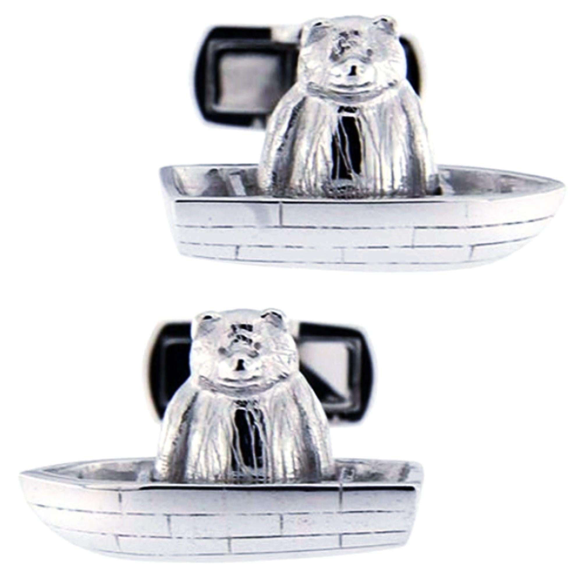 Women's or Men's Alex Jona Sterling Silver Bear on Boat Cufflinks For Sale