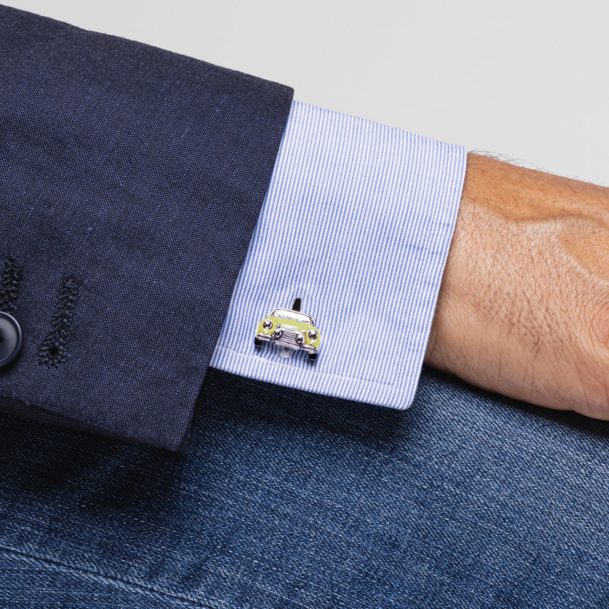 Klassische Mini-Auto-Manschettenknöpfe von Jona aus Sterlingsilber und beiger Emaille für Damen oder Herren im Angebot