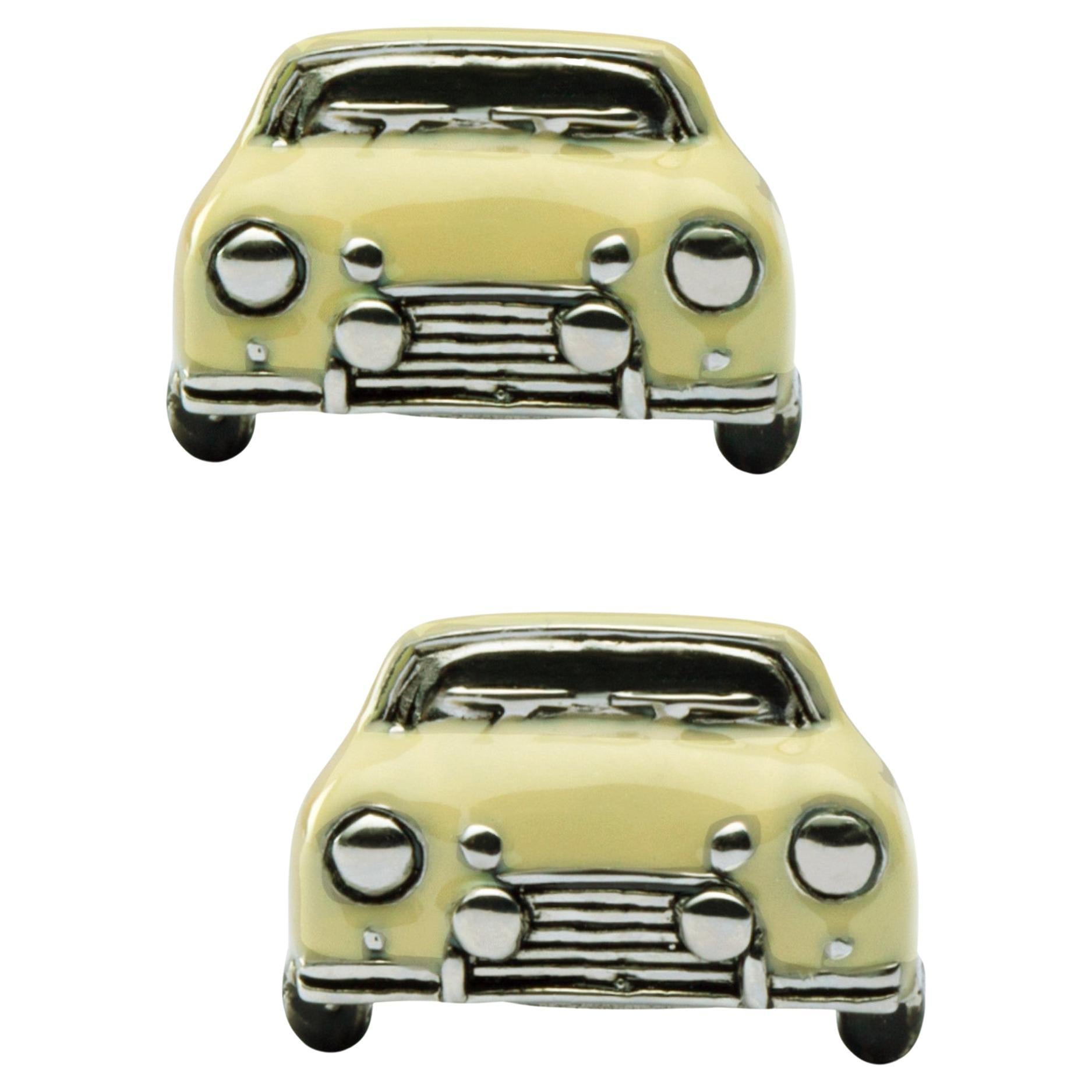 Alex Jona Sterling Silver Beige Enamel Classic Mini Car Cufflinks For Sale