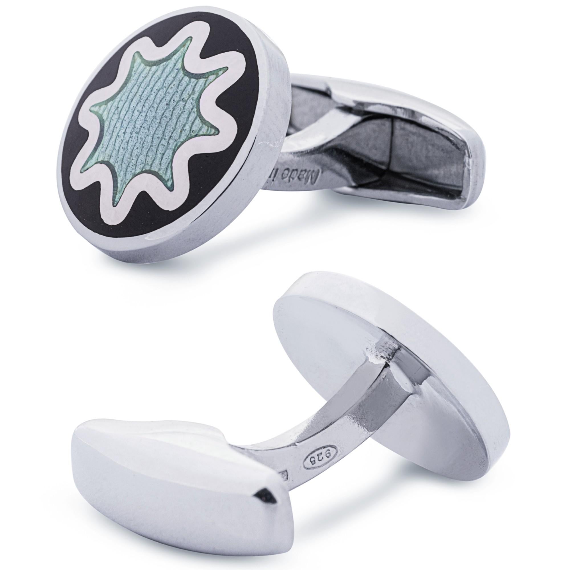 Boutons de manchette en argent Alex Jona en émail noir et bleu clair Splash Neuf - En vente à Lugano, CH