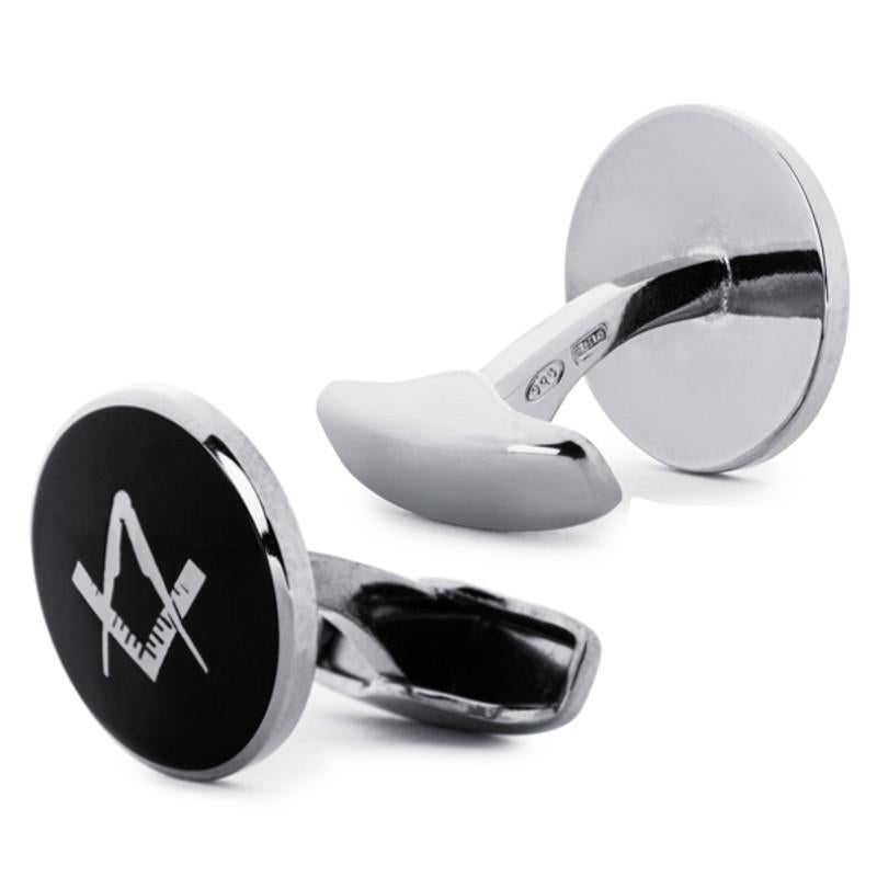 Alex Jona Sterling Silver Black Enamel Freemasons' 'Square and Compass'Cufflinks In New Condition For Sale In Torino, IT