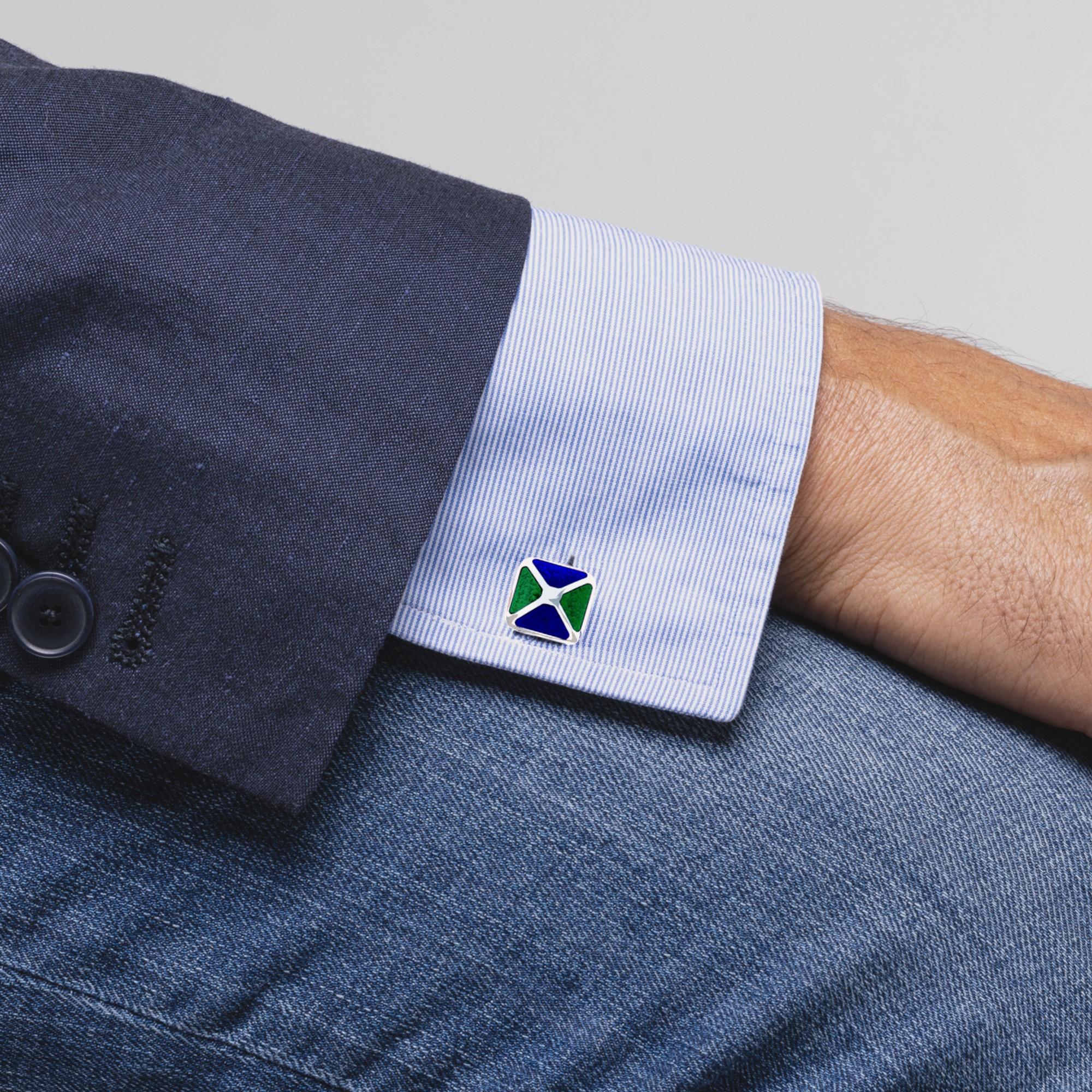 Alex Jona design collection, hand crafted in Italy, rhodium plated Sterling Silver cufflinks with blue and green enamel. These cufflinks feature a T-Bar fastening, aiding in easy use and confidence that they'll stay secured to your shirt.