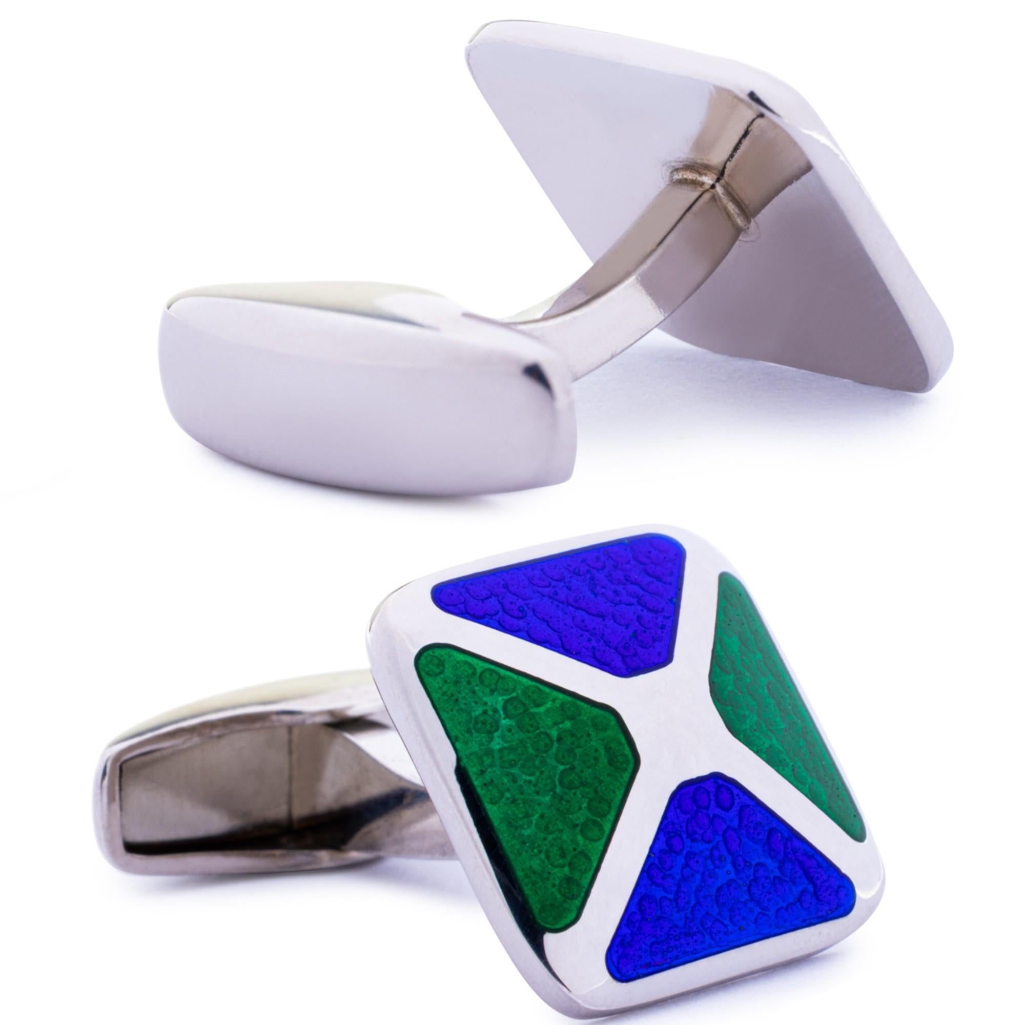 Alex Jona Sterling Silver Blue and Green Enamel Cufflinks In New Condition For Sale In Torino, IT