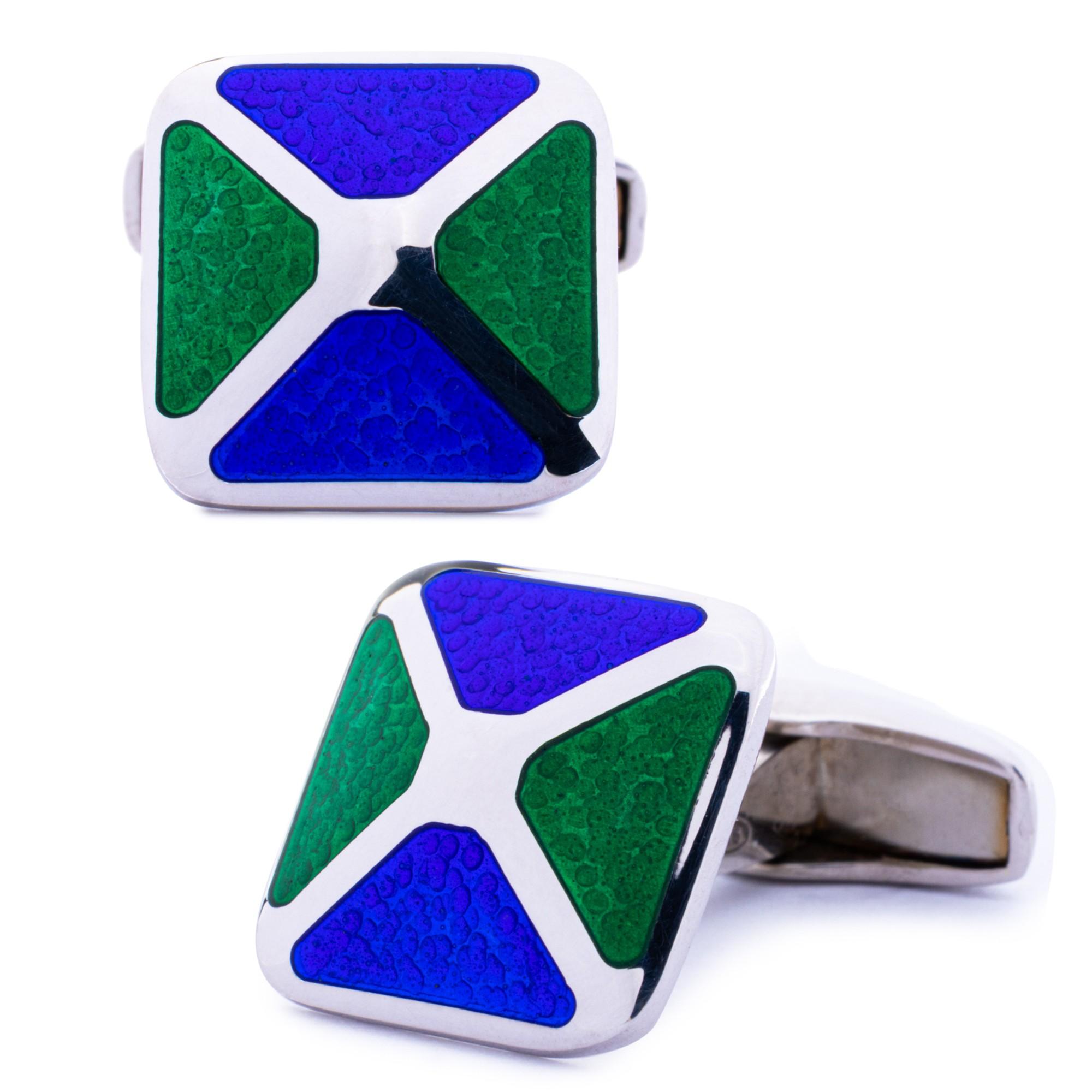 Alex Jona Sterling Silver Blue and Green Enamel Cufflinks For Sale