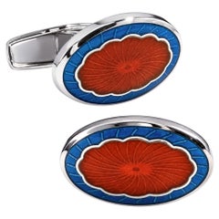 Alex Jona Sterling Silver Blue and Vivid Red Guilloché Enamel Oval Cufflinks