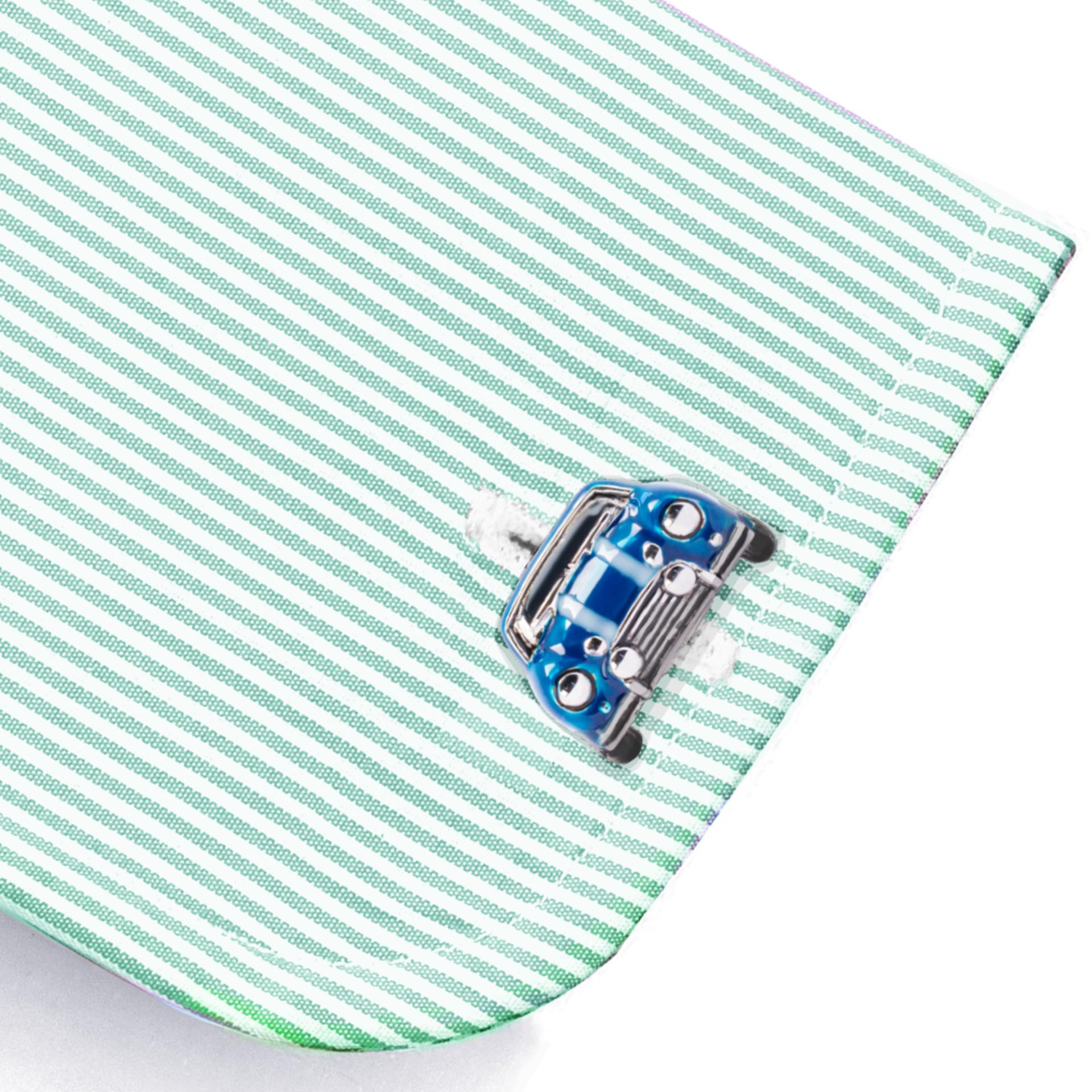 Alex Jona design collection, crafted in Italy, 925/°°° sterling silver rhodium plated classic Mini car cufflinks. Two-toned enameled surface. Marked JONA. 
Dimensions: 0.72 in W x 0.42 in H - 18 mm W x 10 mm H

Alex Jona cufflinks stand out, not