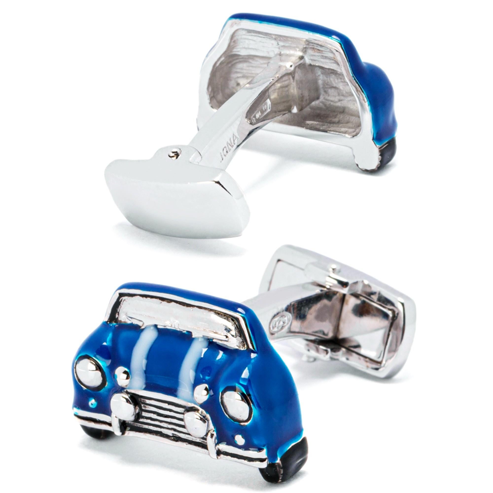 Alex Jona Sterling Silver Blue and White Enamel Classic Mini Car Cufflinks In New Condition For Sale In Torino, IT