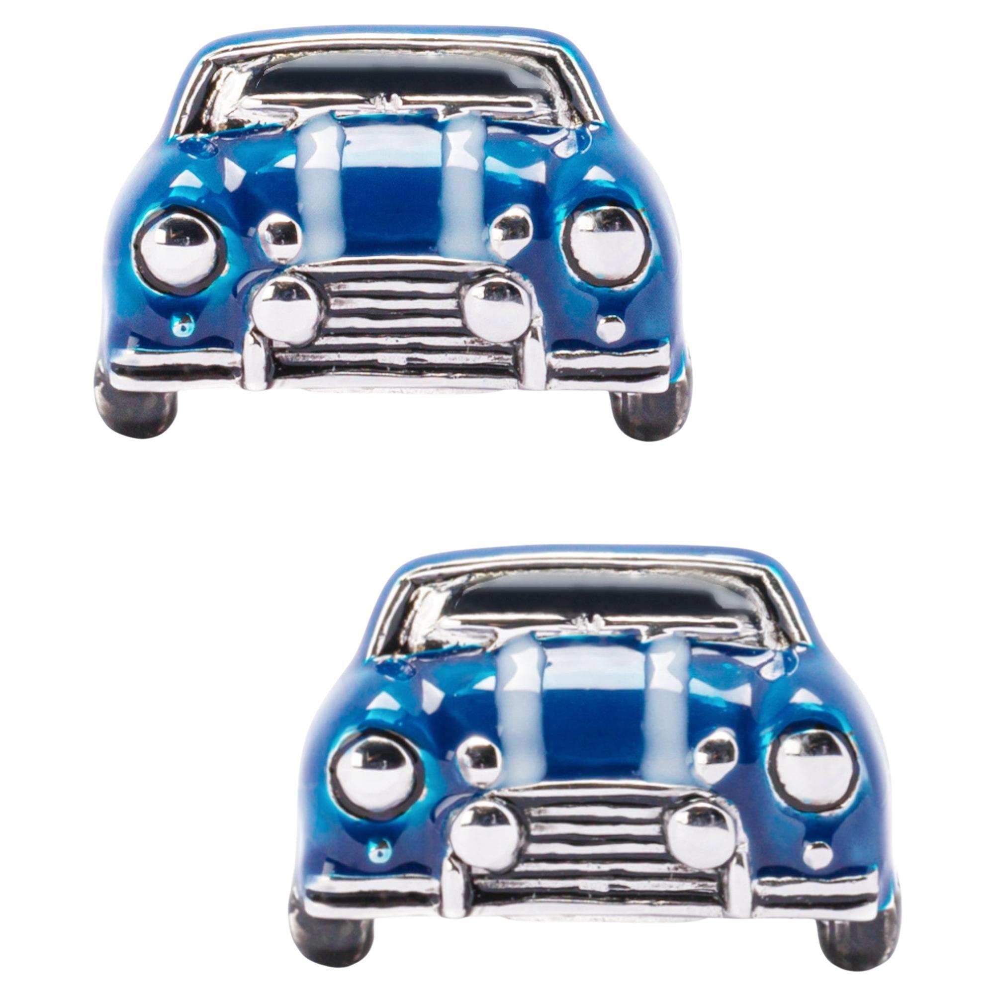 Boutons de manchette en argent sterling d'Alex Jona, avec émail bleu et blanc, pour une mini-voiture classique