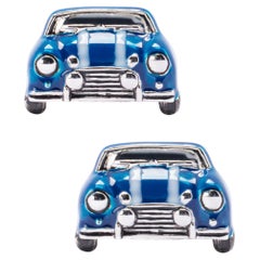 Boutons de manchette en argent sterling d'Alex Jona, avec émail bleu et blanc, pour une mini-voiture classique