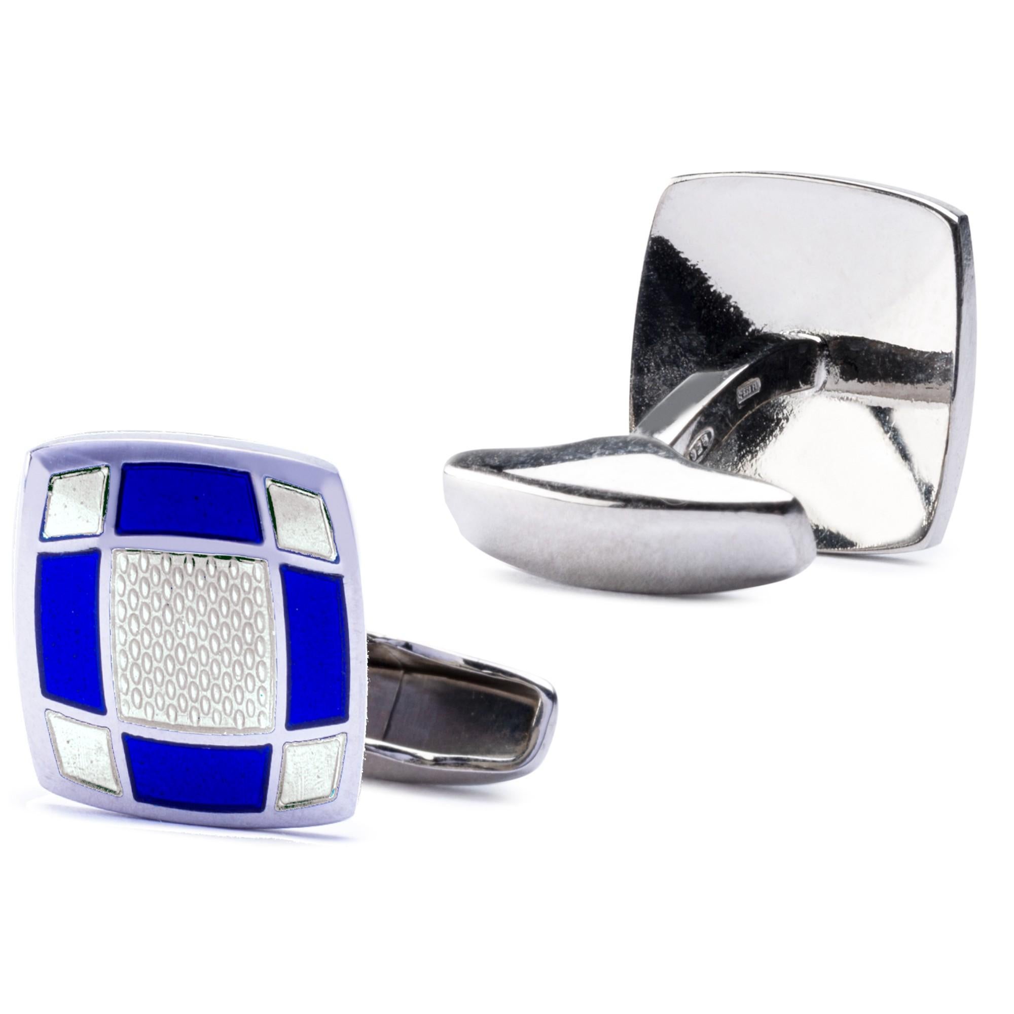 Alex Jona Sterling Silver Blue and White Enamel Cufflinks In New Condition For Sale In Torino, IT