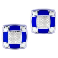 Alex Jona Sterling Silver Blue and White Enamel Cufflinks