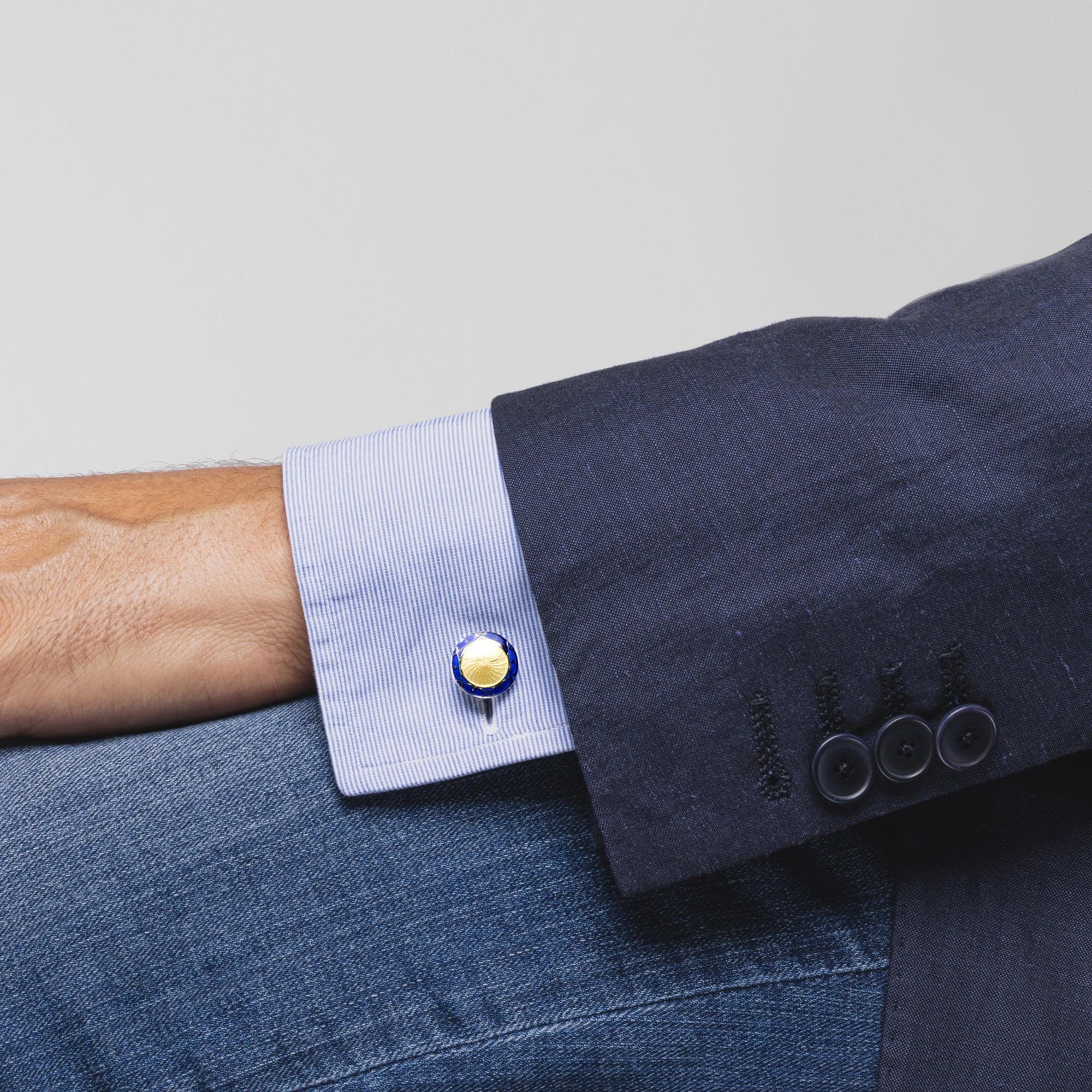Alex Jona design collection, hand crafted in Italy, rhodium plated Sterling Silver cufflinks with blue and yellow enamel. These cufflinks feature a T-Bar fastening, aiding in easy use and confidence that they'll stay secured to your shirt.