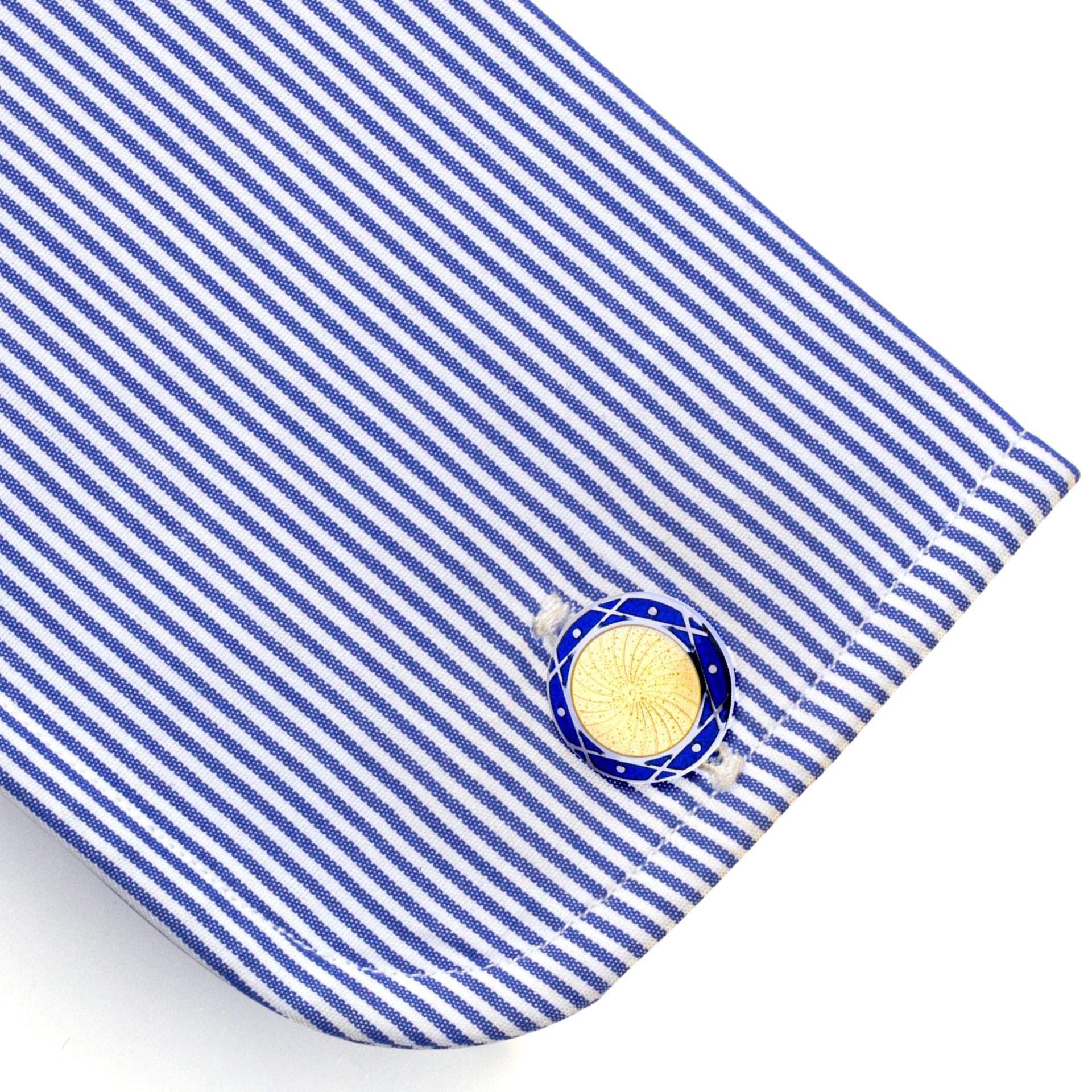 Manschettenknöpfe von Alex Jona aus Sterlingsilber mit blauer und gelber Emaille für Damen oder Herren im Angebot