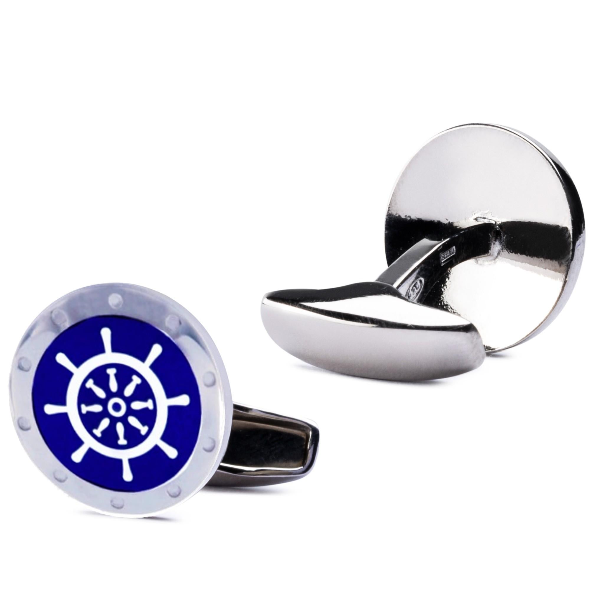 Alex Jona Sterling Silver Blue Enamel Boat Wheel Cufflinks In New Condition For Sale In Torino, IT