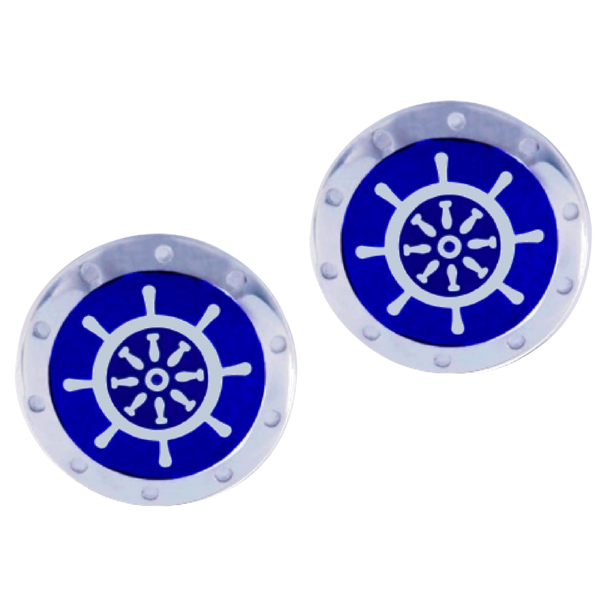Alex Jona Sterling Silver Blue Enamel Boat Wheel Cufflinks For Sale