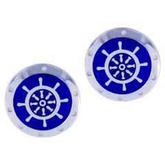 Alex Jona Sterling Silver Blue Enamel Boat Wheel Cufflinks