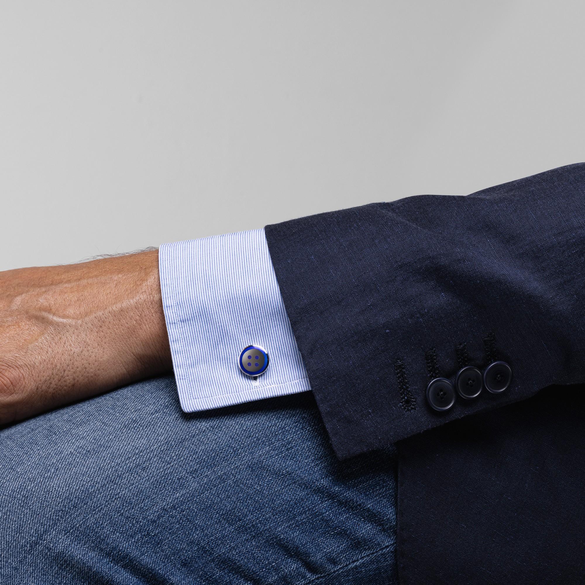 Alex Jona design collection, hand crafted in Italy, rhodium plated Sterling Silver cufflinks blue enamel shape button. These cufflinks feature a T-Bar fastening, aiding in easy use and confidence that they'll stay secured to your shirt.

Alex Jona