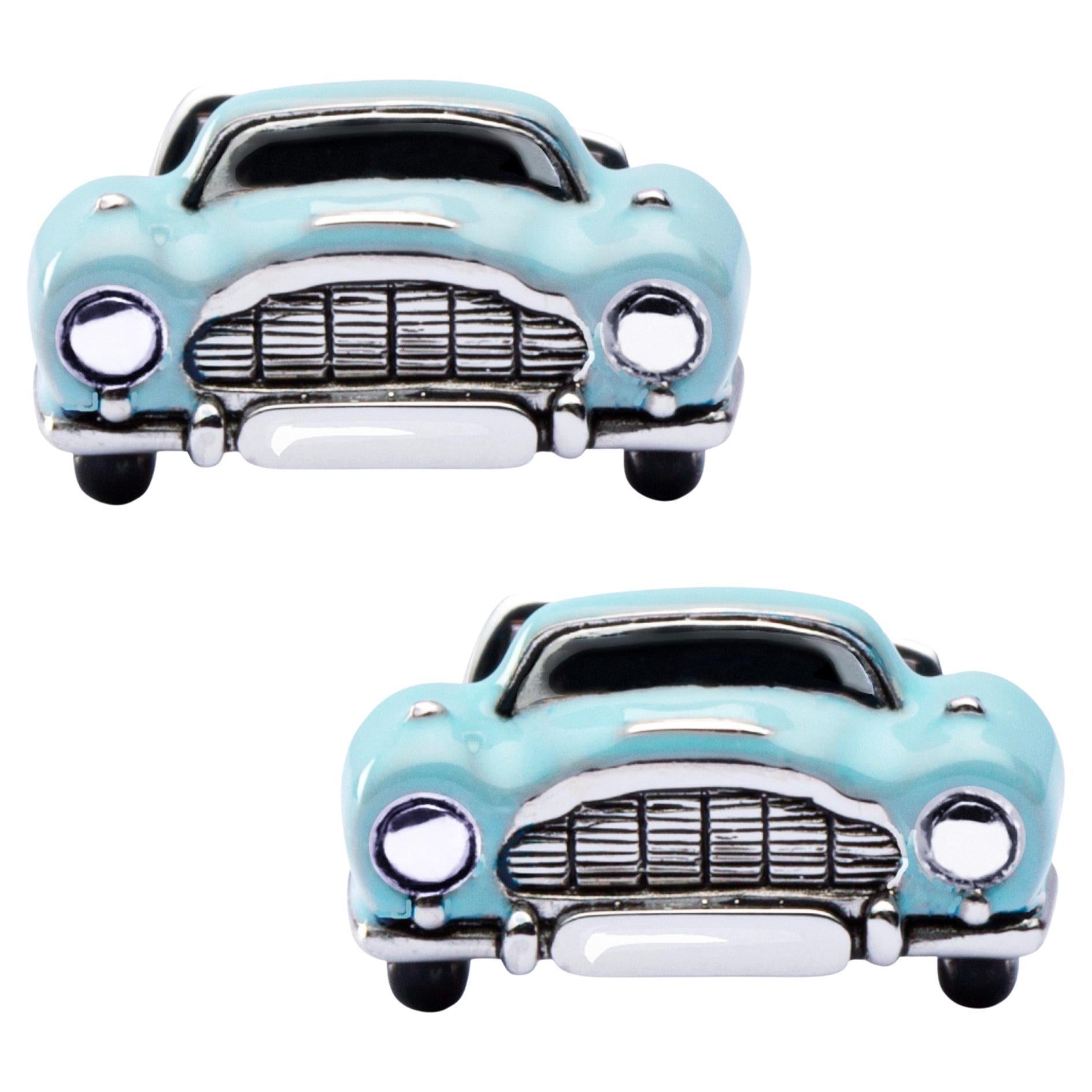 Alex Jona Boutons de manchette convertibles classiques en argent sterling et émail bleu pour voitures en vente