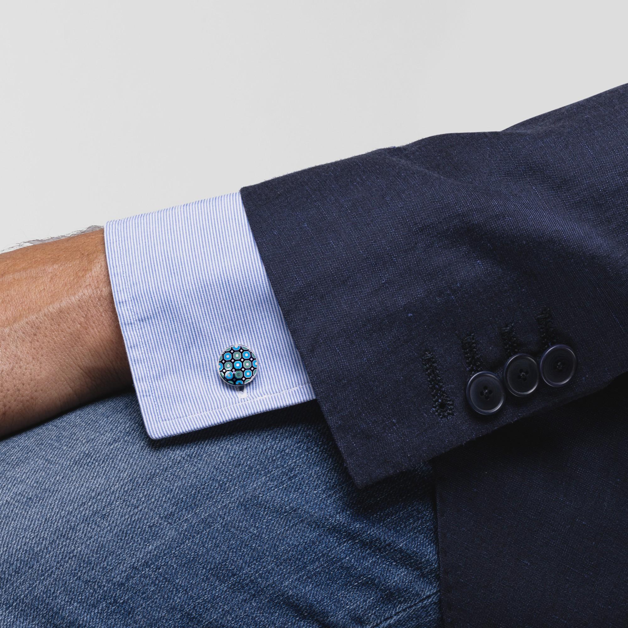 Alex Jona design collection, hand crafted in Italy, rhodium plated Sterling Silver cufflinks with blue, green and black enamel. These cufflinks feature a T-Bar fastening, aiding in easy use and confidence that they'll stay secured to your shirt. 