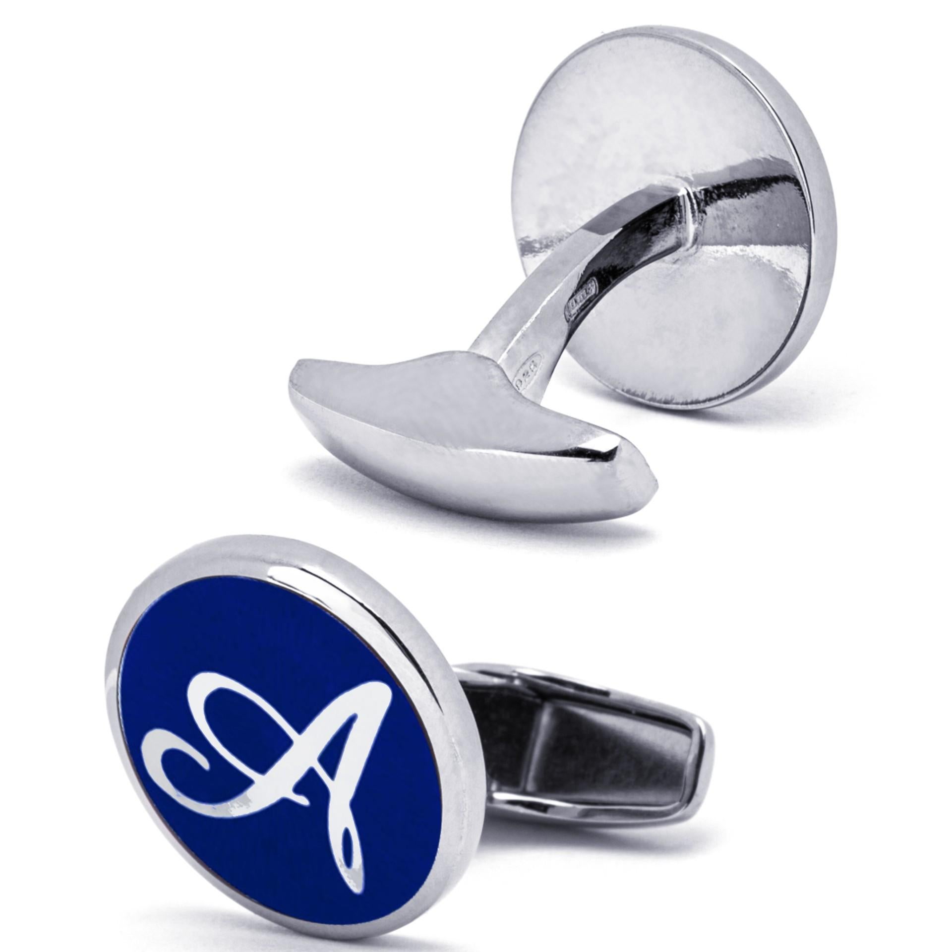 Gemelos con iniciales Alex Jona de plata de ley y esmalte azul hechos a medida en Nuevo estado para la venta en Lugano, CH