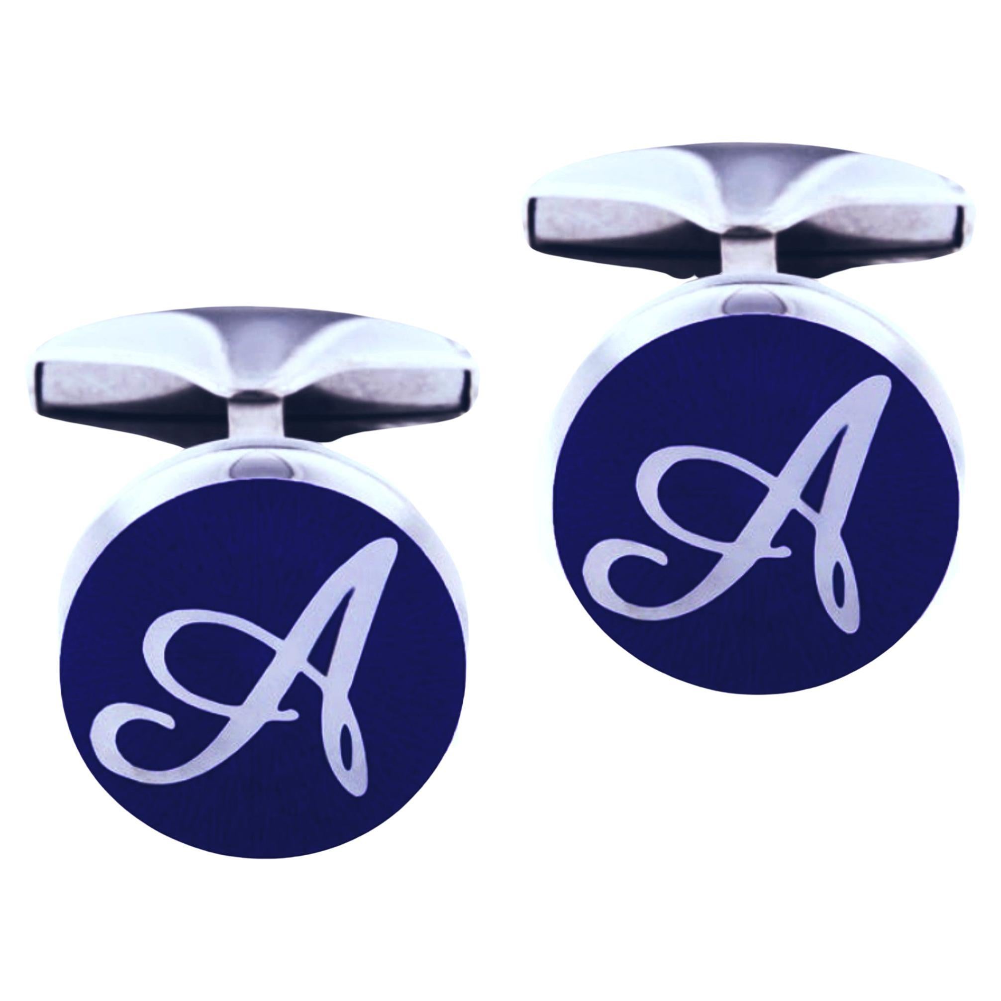 Alex Jona Sterling Silver Blue Enamel Custom Made Initial Cufflinks For Sale