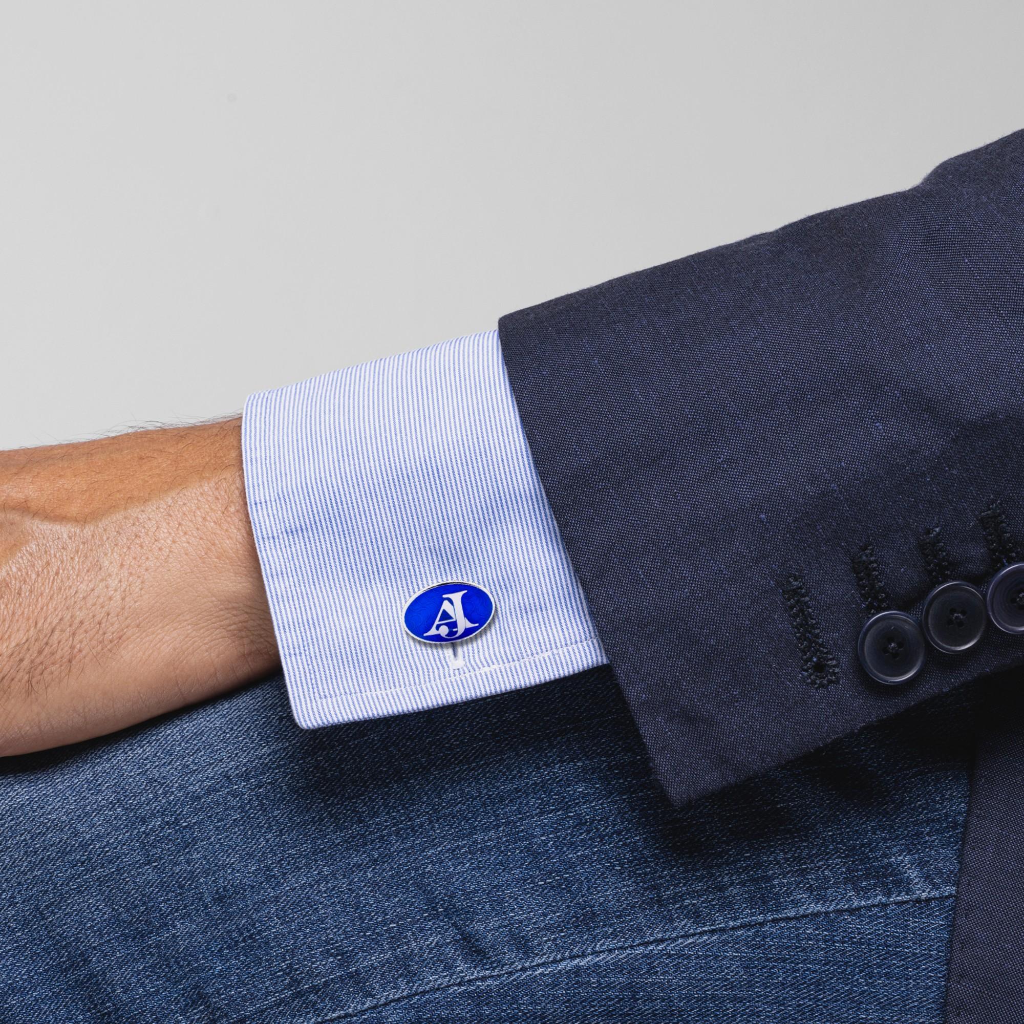 Alex Jona design collection, hand crafted in Italy, rhodium plated Sterling Silver cufflinks with custom made to order Initials with blue enamel or other color. 
The production lead time for these cufflinks with the customer's own initials takes two