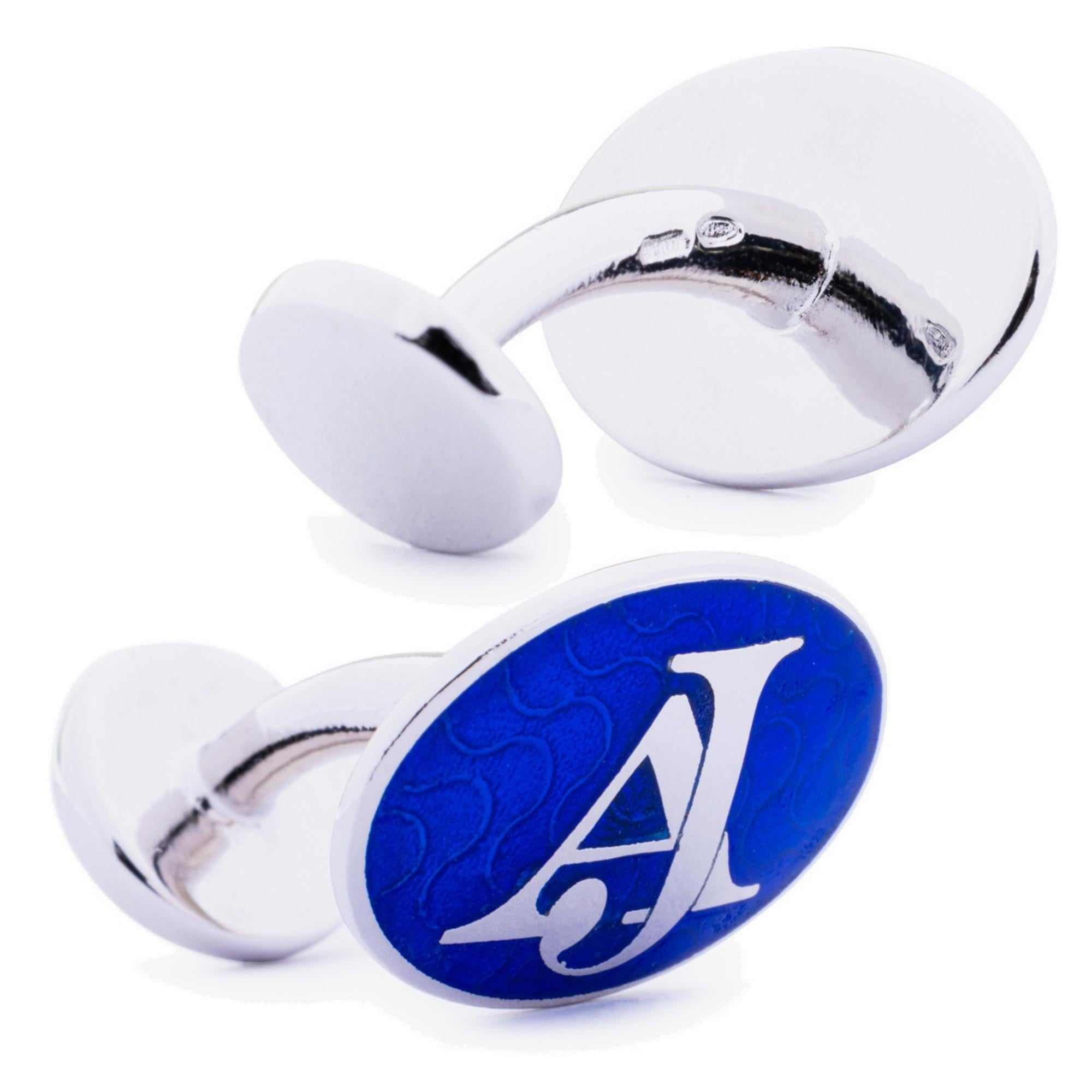 Alex Jona Sterling Silver Blue Enamel Custom Made Initials Cufflinks In New Condition For Sale In Torino, IT