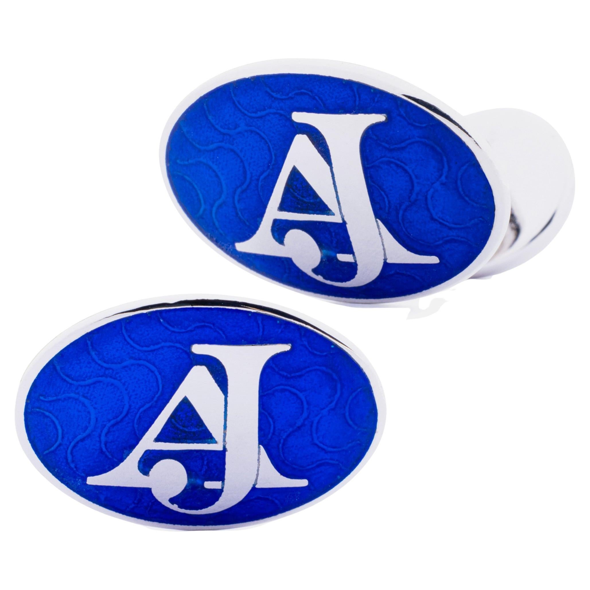 Alex Jona Sterling Silver Blue Enamel Custom Made Initials Cufflinks For Sale