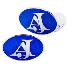 Alex Jona Sterling Silver Blue Enamel Custom Made Initials Cufflinks