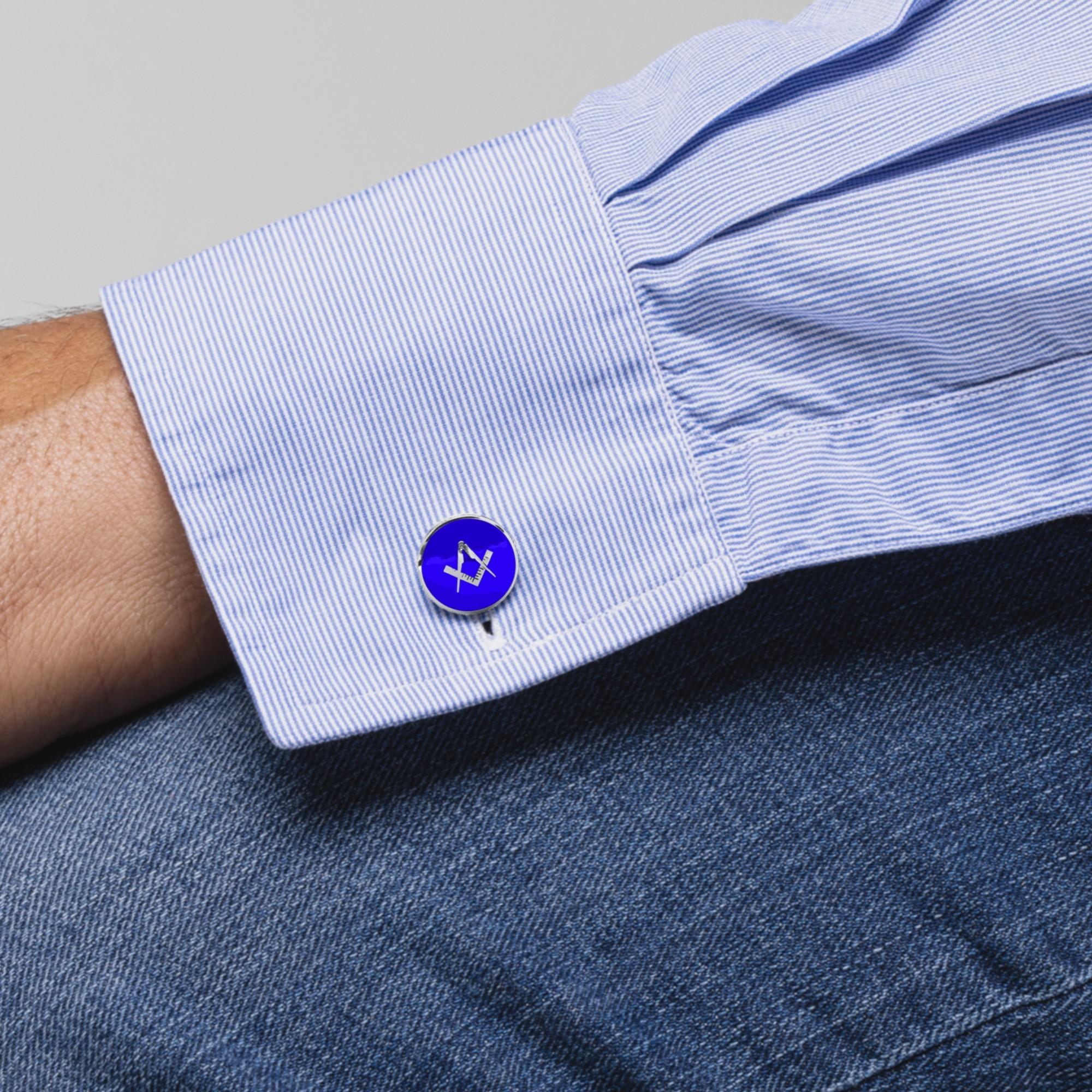 Alex Jona design collection, hand crafted in Italy, Sterling Silver Cufflinks with blue enamel. Marked Alex Jona-925. These cufflinks feature a T-Bar fastening, aiding in easy use and confidence that they'll stay secured to your shirt. 
Alex Jona