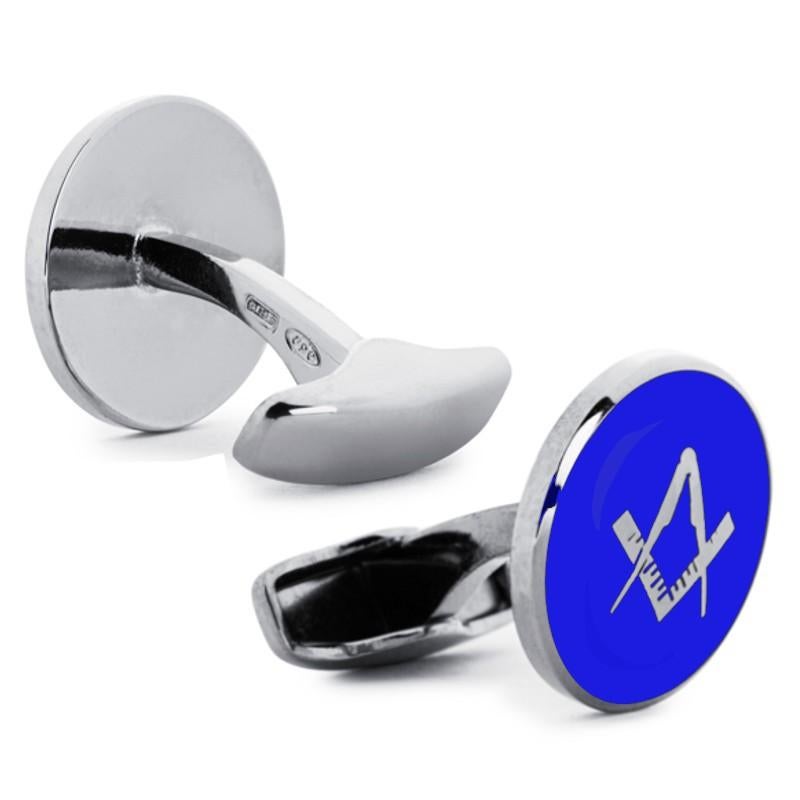 Alex Jona Sterling Silver Blue Enamel Freemasons' 'Square and Compass'Cufflinks In New Condition For Sale In Torino, IT