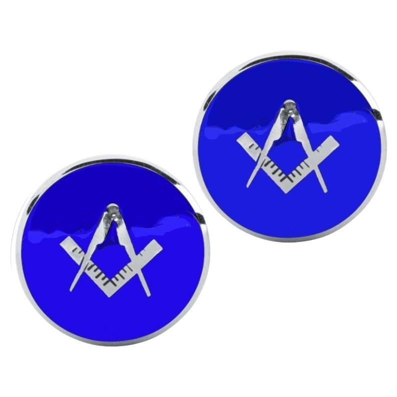 Manschettenknöpfe "Square and Compass" von Jona aus Sterlingsilber und blauer Emaille mit Freemasons