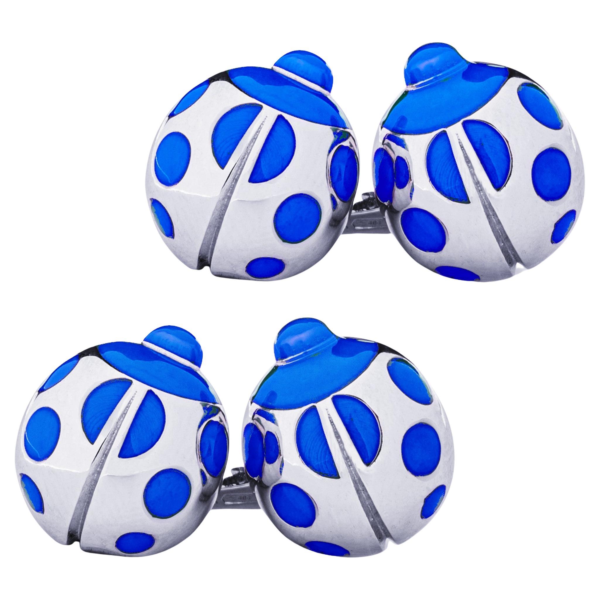 Alex Jona Sterling Silver Blue Enamel Ladybug Cufflinks For Sale