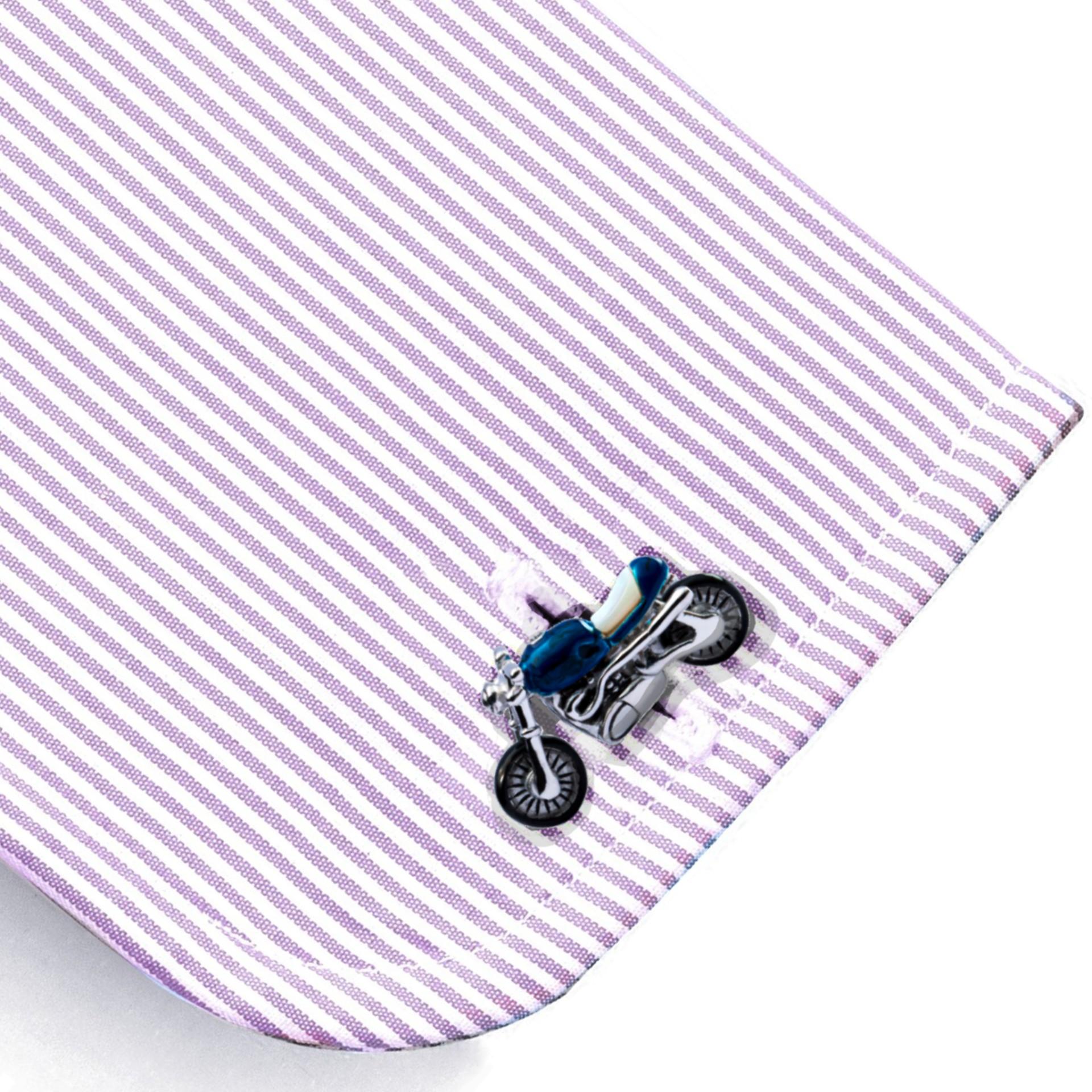 Alex Jona Sterling Silver Blue Enamel Motorcycle Cufflinks In New Condition For Sale In Torino, IT