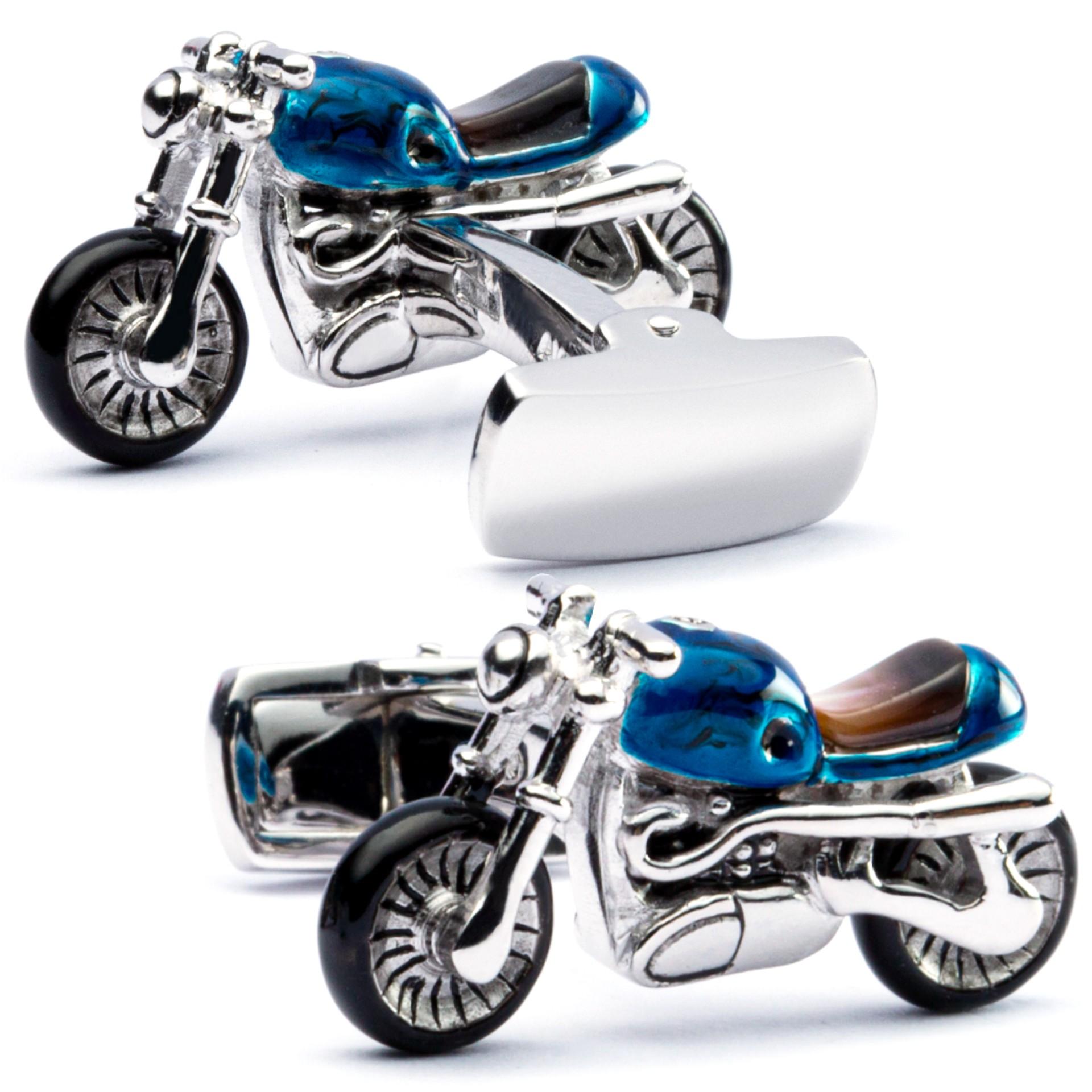 Alex Jona Sterling Silver Blue Enamel Motorcycle Cufflinks In New Condition For Sale In Torino, IT