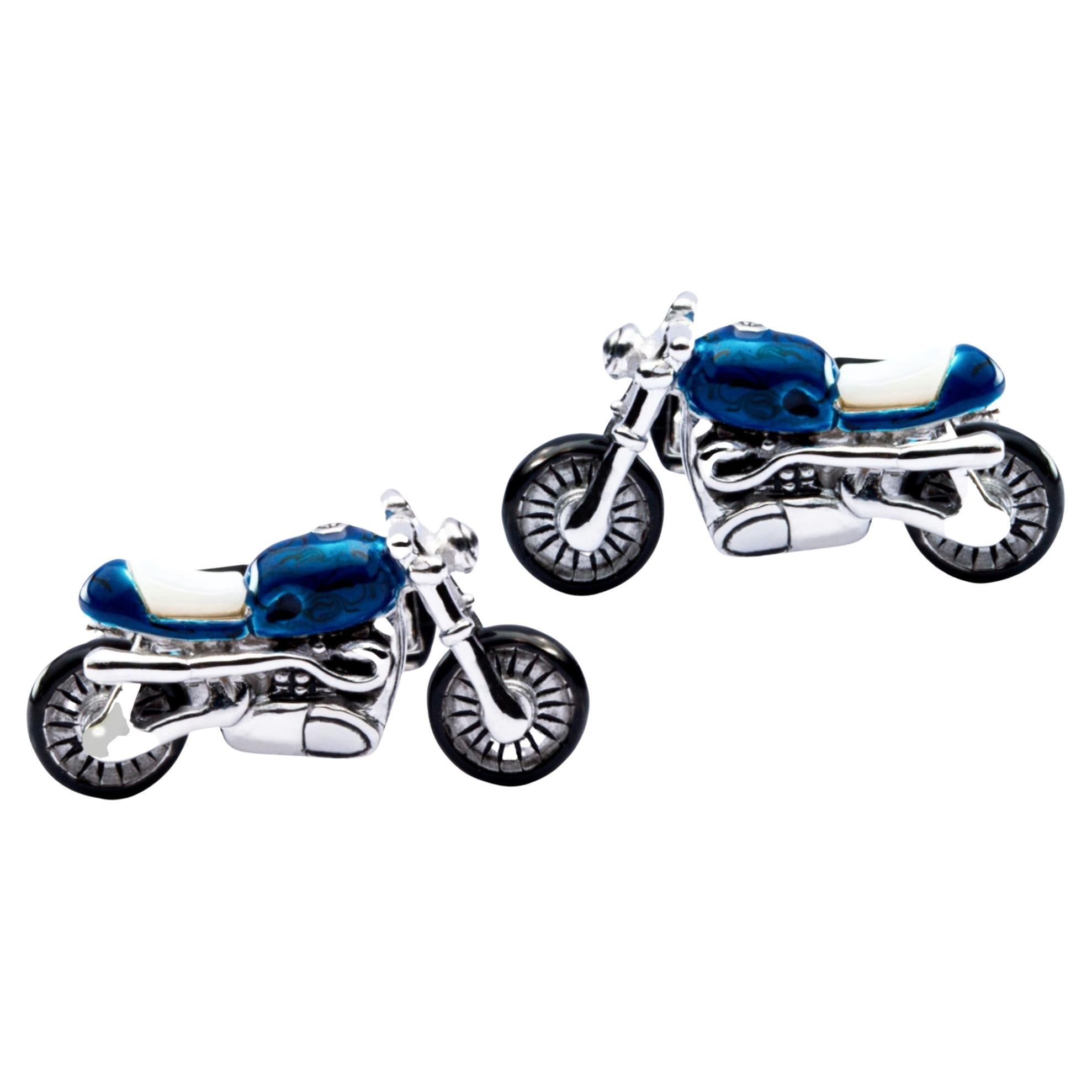 Alex Jona Sterling Silver Blue Enamel Motorcycle Cufflinks For Sale