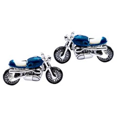 Motorrad-Manschettenknöpfe aus Sterlingsilber und blauer Emaille von Jona