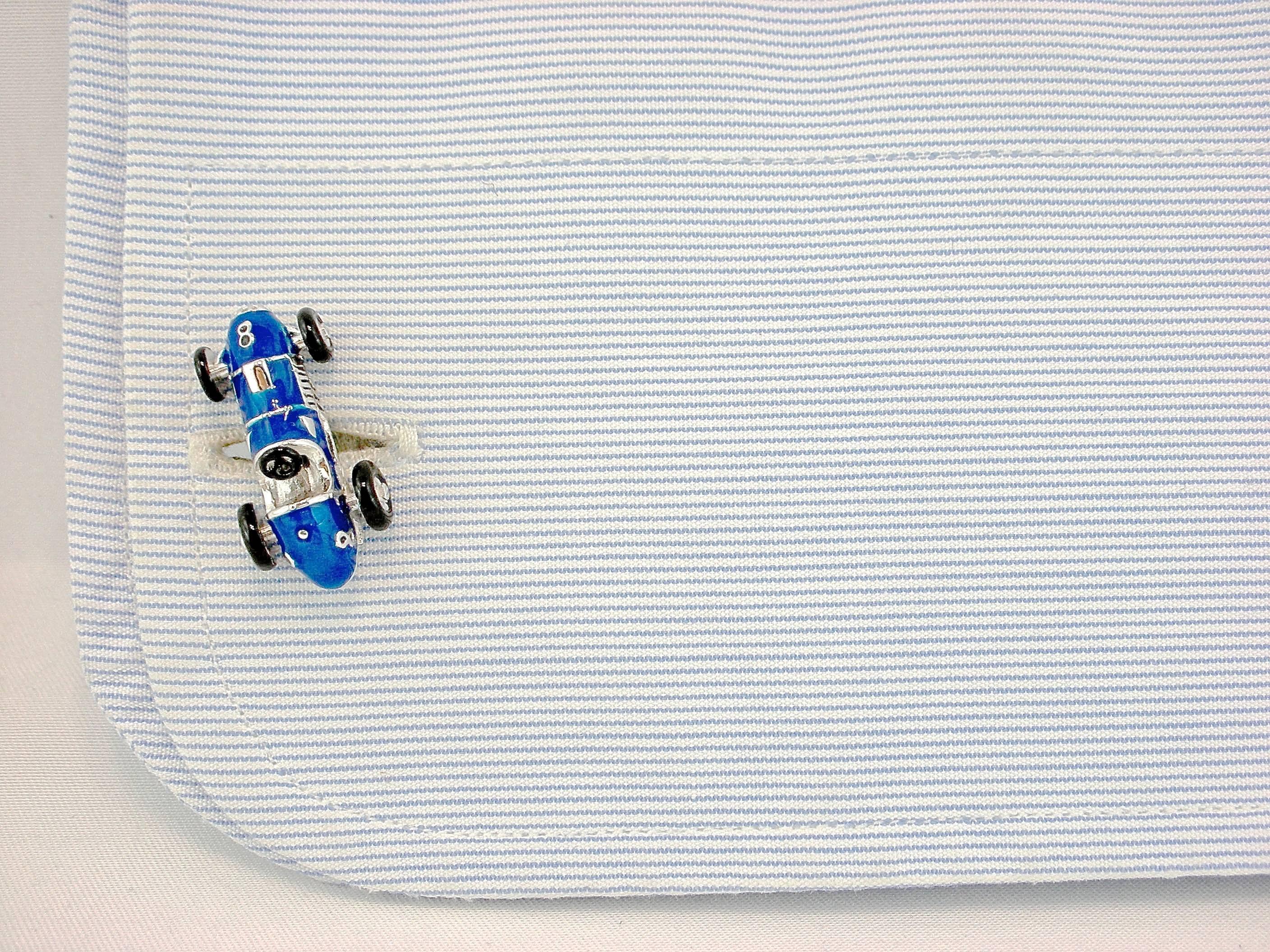 Alex Jona design collection, hand crafted in Italy, rhodium plated sterling silver cufflinks with blue enamel. Marked 