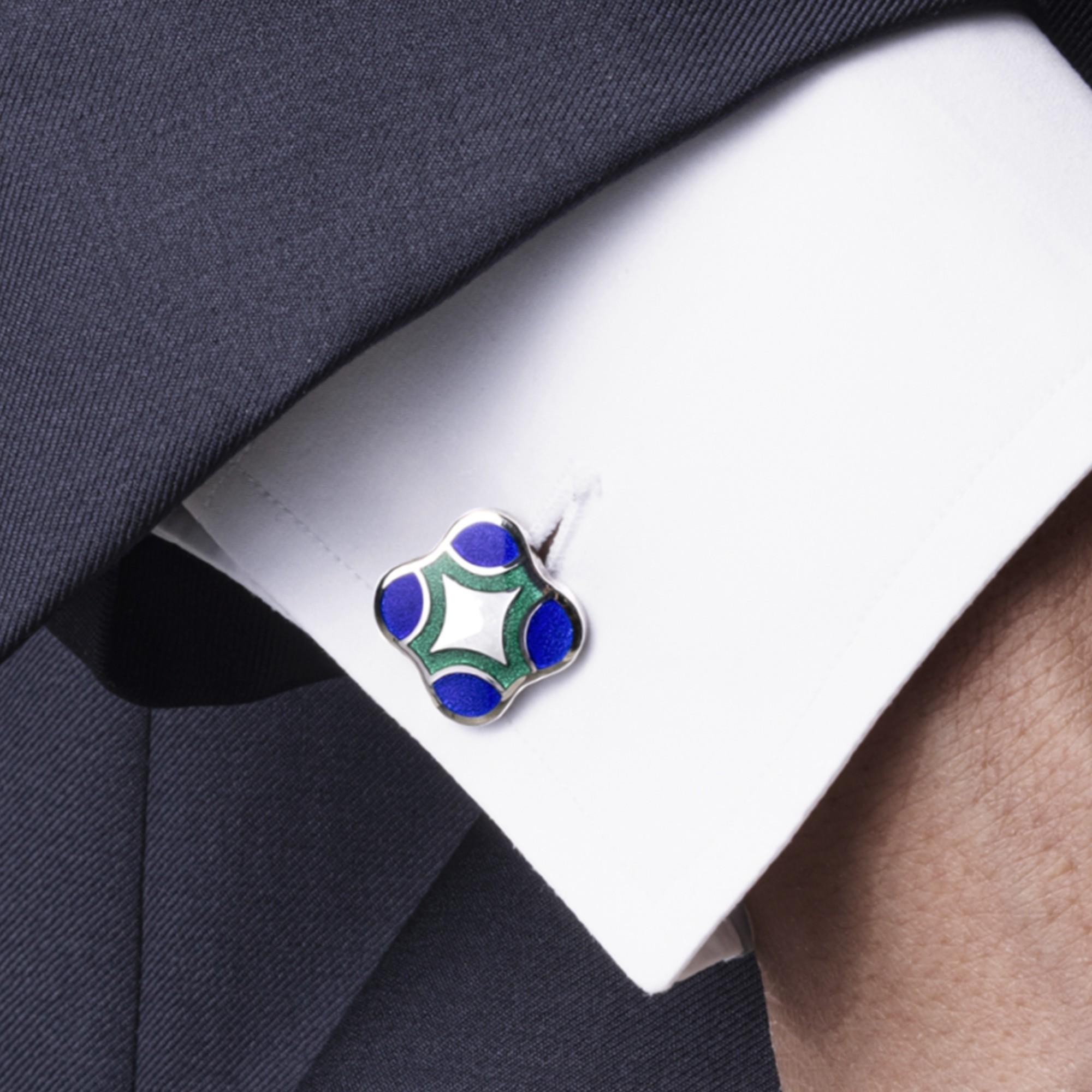 Manschettenknöpfe aus Sterlingsilber mit blauer und grüner Emaille von Jona für Damen oder Herren im Angebot